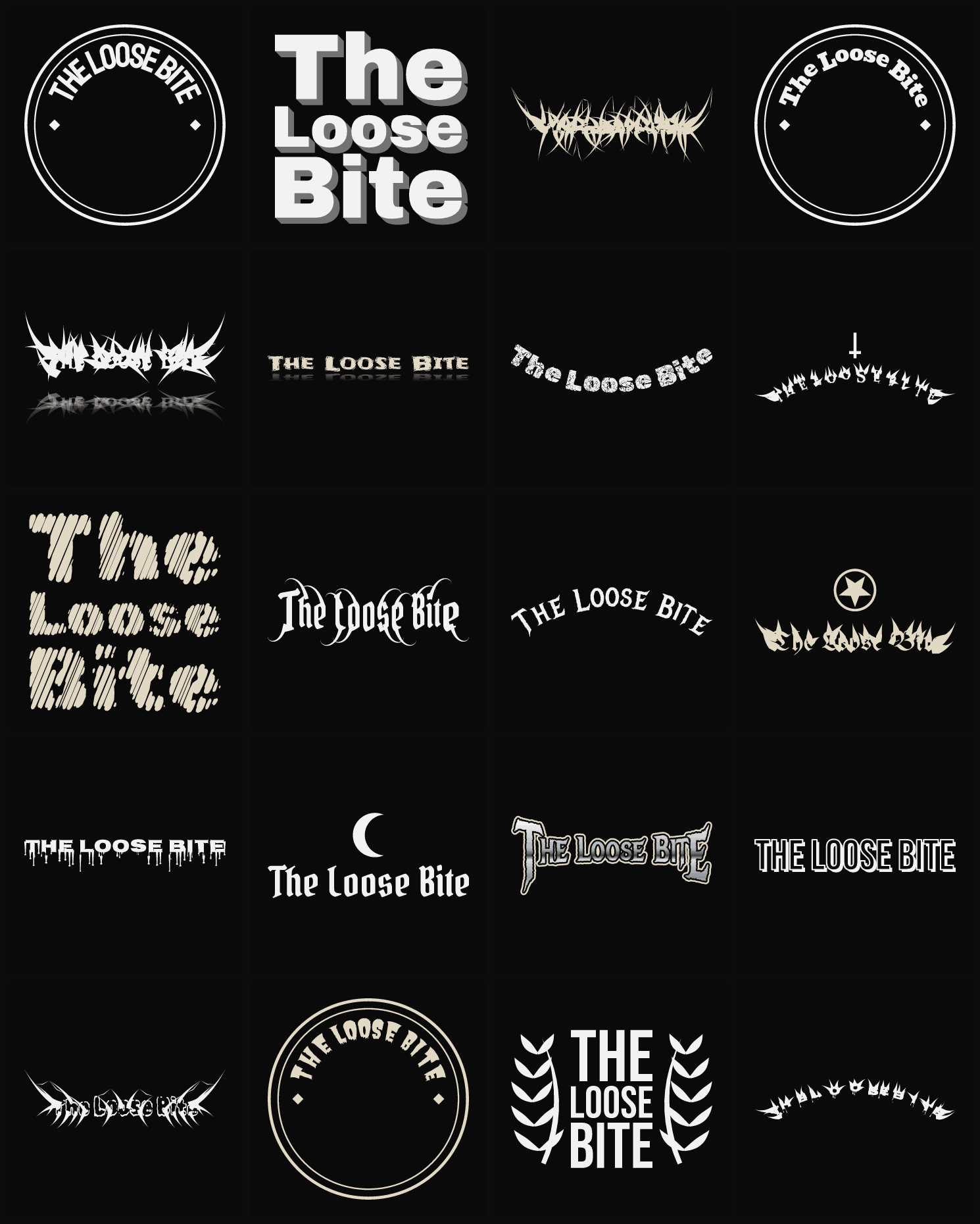 Twenty The Loose Bite band logo ideas — different faces, treatments and spike settings