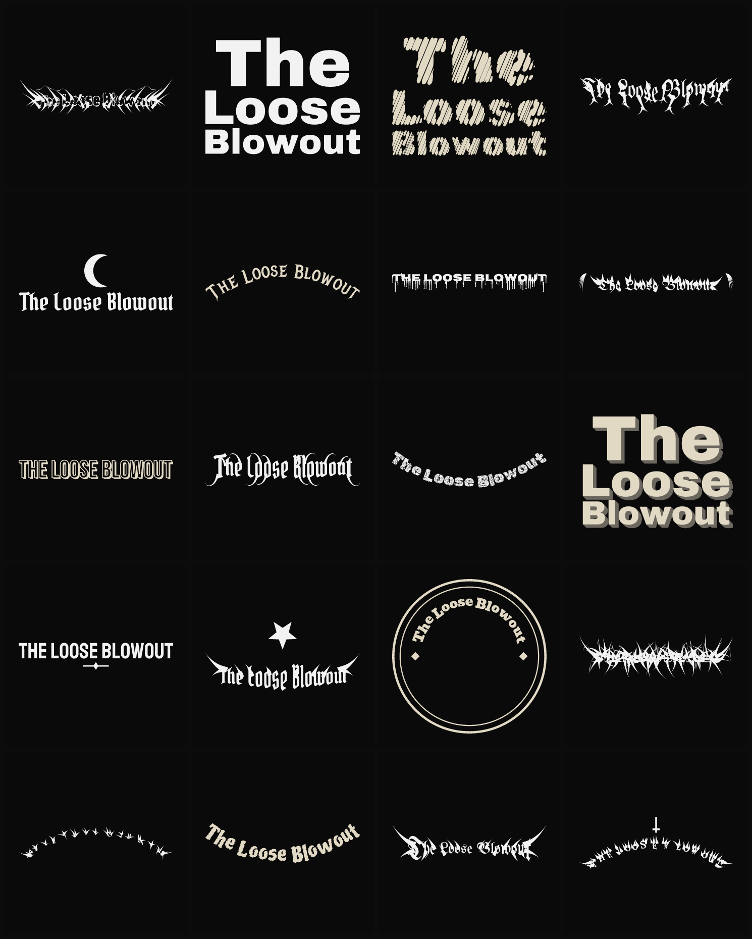 Twenty The Loose Blowout band logo ideas — different faces, treatments and spike settings