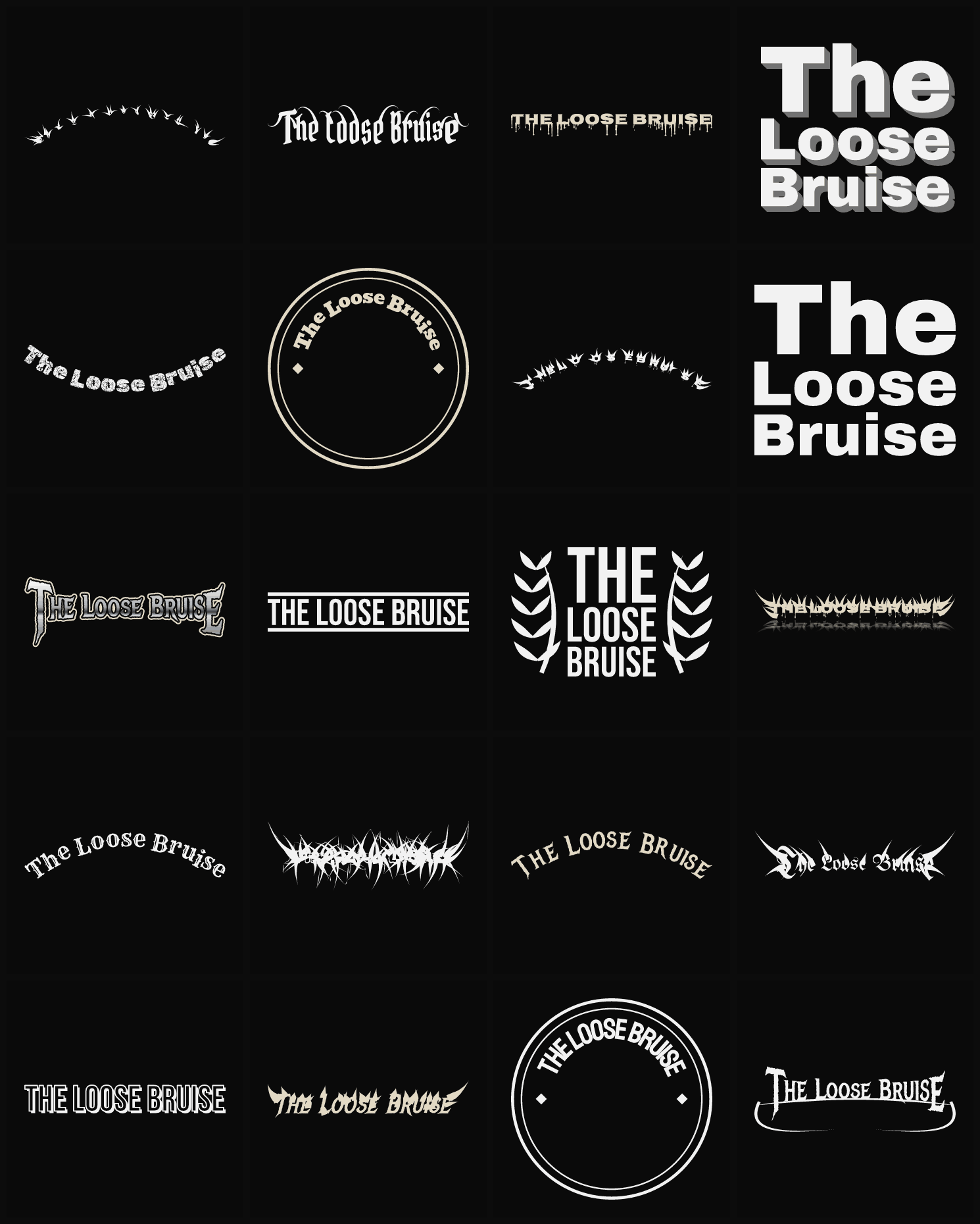 Twenty The Loose Bruise band logo ideas — different faces, treatments and spike settings