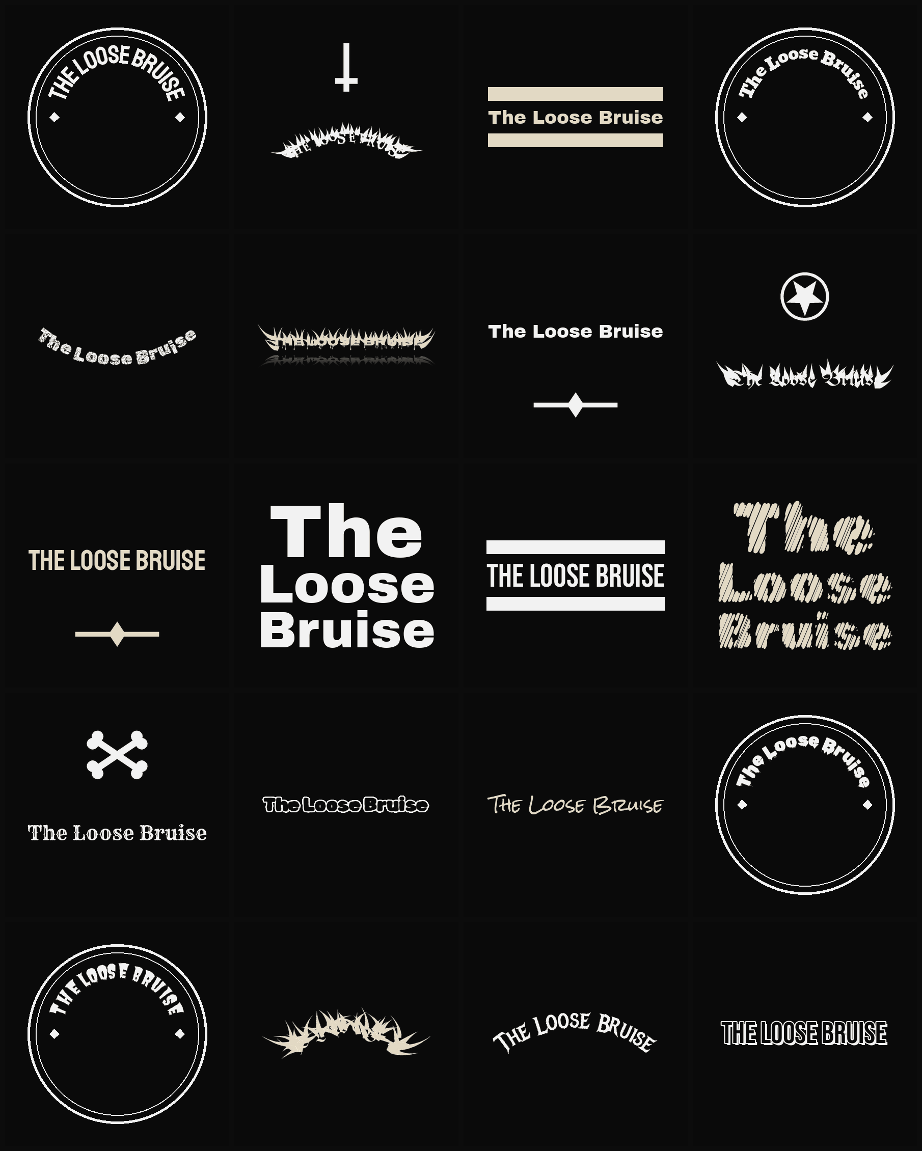 Twenty The Loose Bruise band logo ideas — different faces, treatments and spike settings