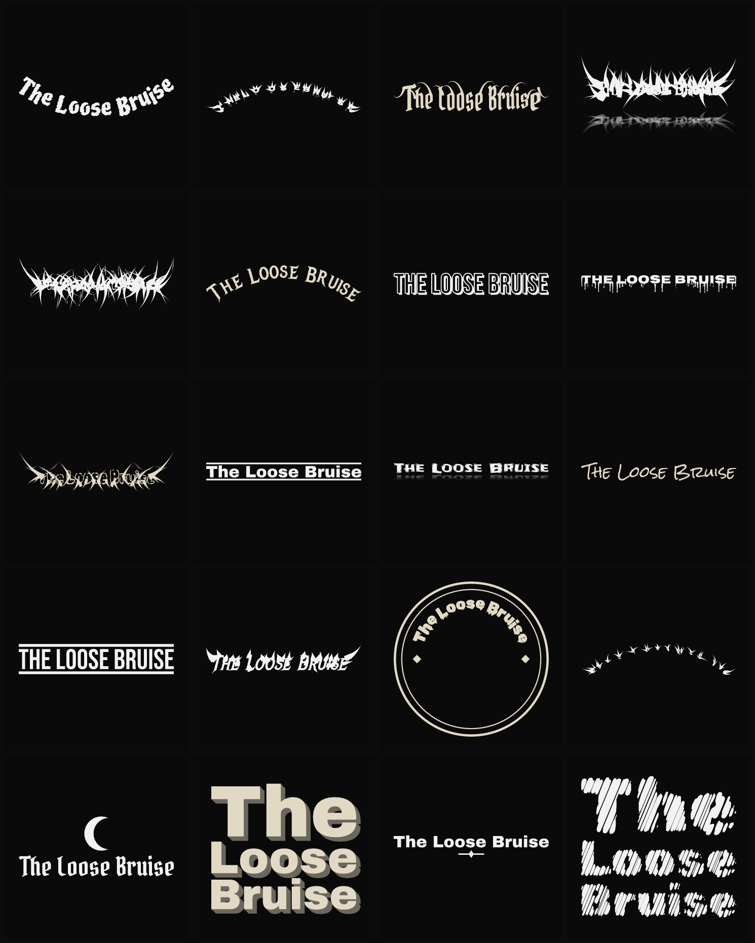 Twenty The Loose Bruise band logo ideas — different faces, treatments and spike settings