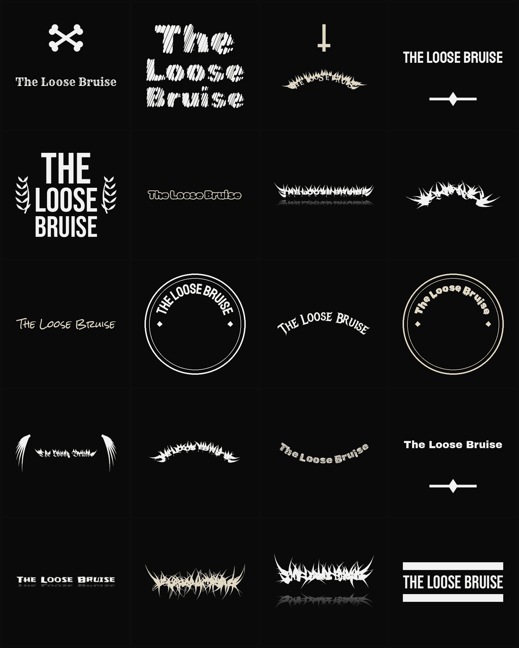 Twenty The Loose Bruise band logo ideas — different faces, treatments and spike settings