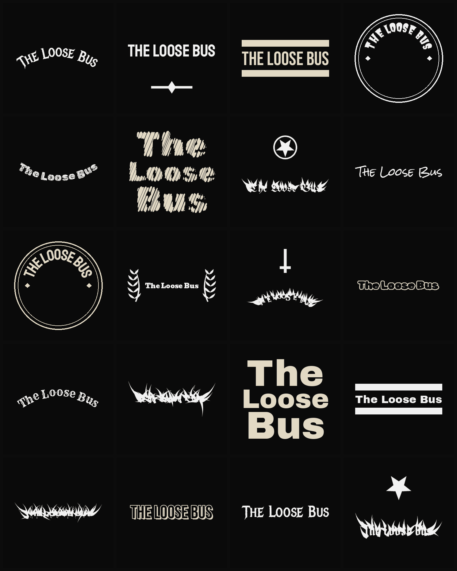 Twenty The Loose Bus band logo ideas — different faces, treatments and spike settings