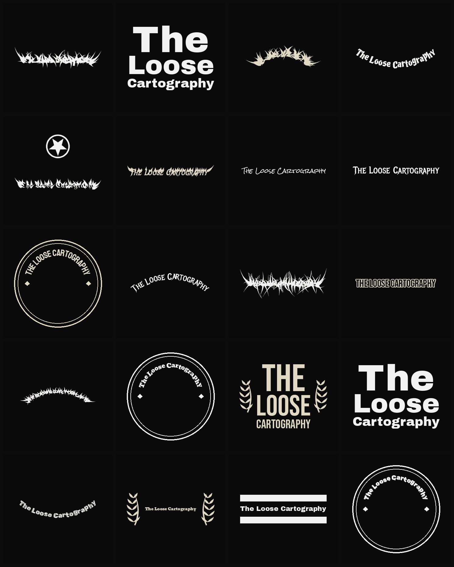 Twenty The Loose Cartography band logo ideas — different faces, treatments and spike settings