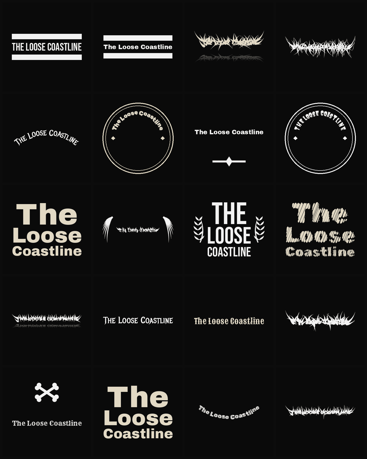 Twenty The Loose Coastline band logo ideas — different faces, treatments and spike settings