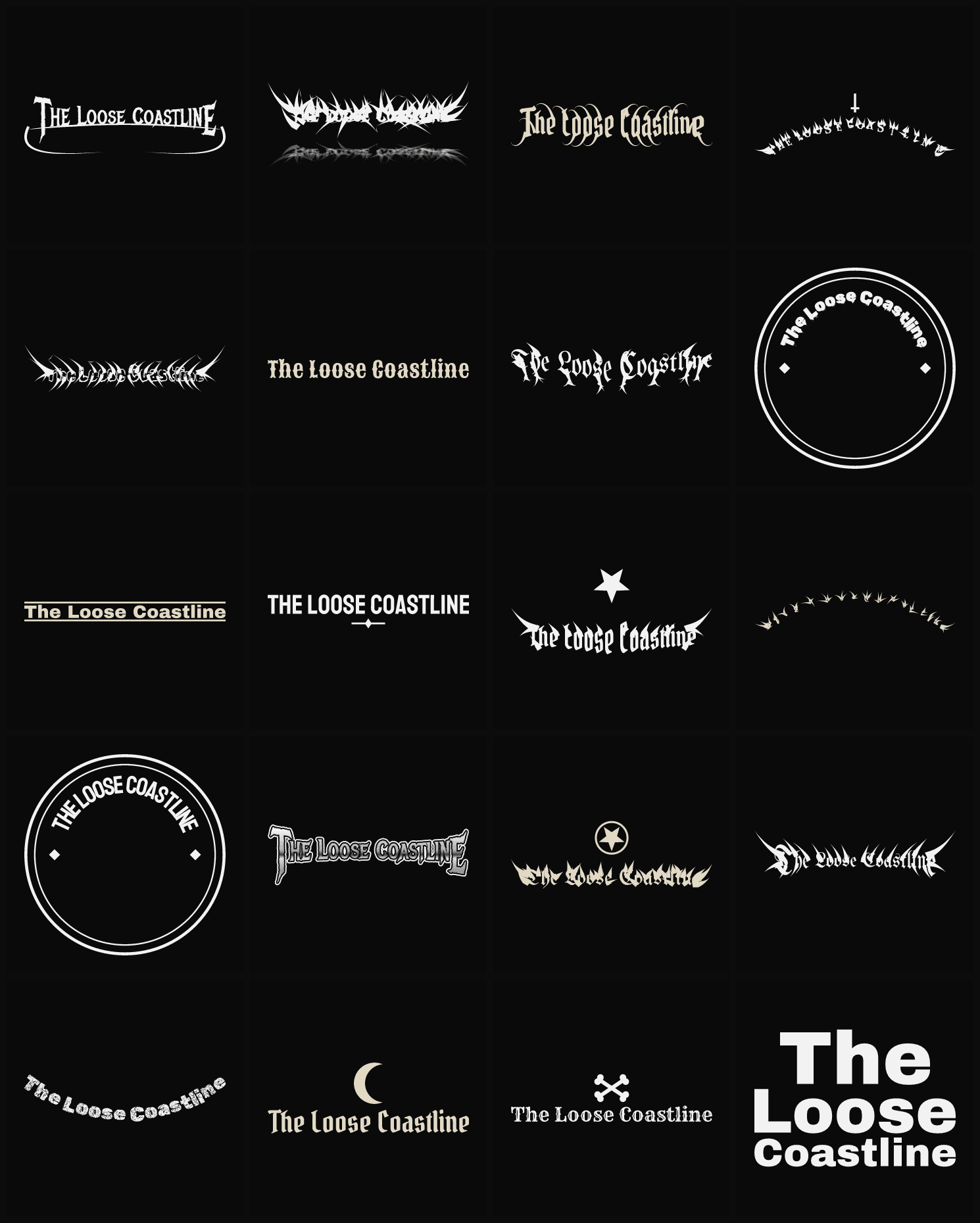 Twenty The Loose Coastline band logo ideas — different faces, treatments and spike settings