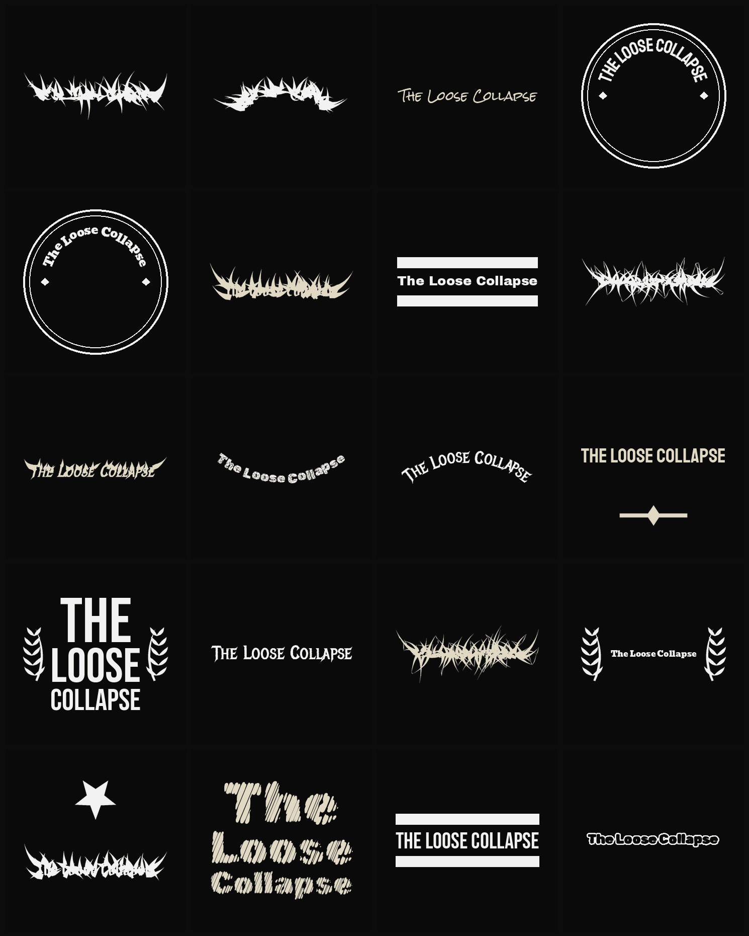 Twenty The Loose Collapse band logo ideas — different faces, treatments and spike settings
