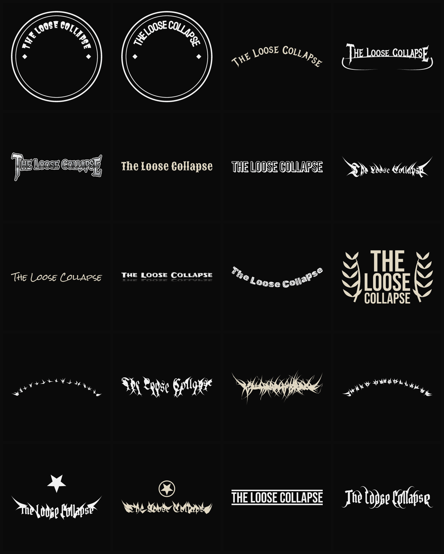 Twenty The Loose Collapse band logo ideas — different faces, treatments and spike settings