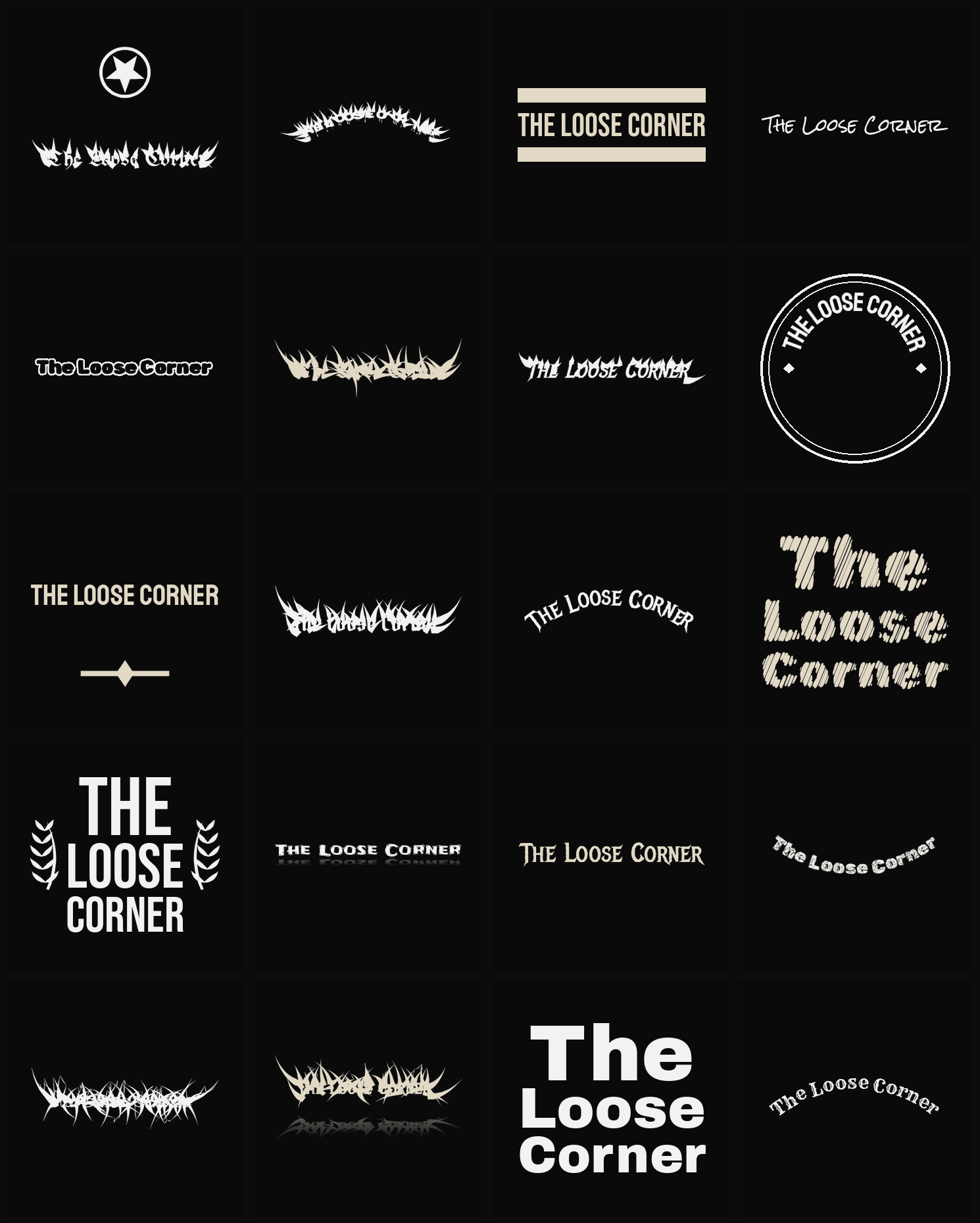 Twenty The Loose Corner band logo ideas — different faces, treatments and spike settings