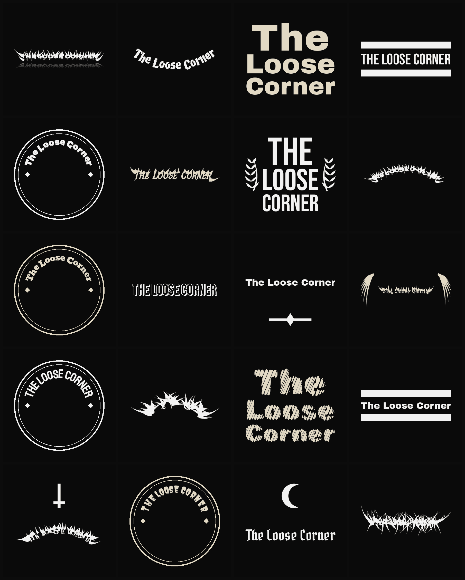 Twenty The Loose Corner band logo ideas — different faces, treatments and spike settings