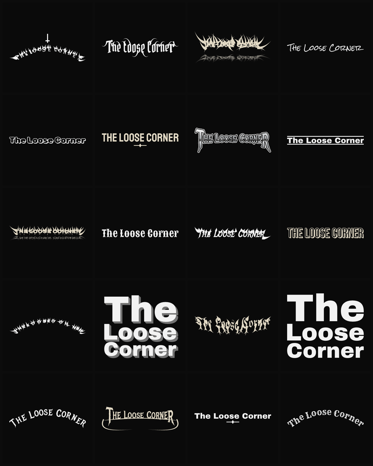 Twenty The Loose Corner band logo ideas — different faces, treatments and spike settings
