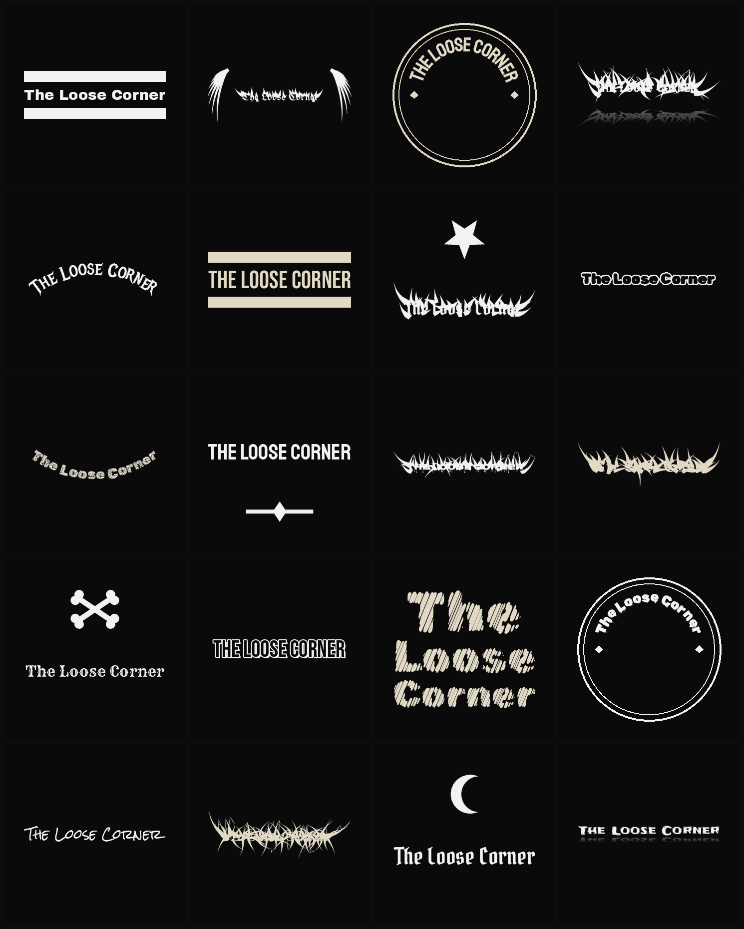 Twenty The Loose Corner band logo ideas — different faces, treatments and spike settings