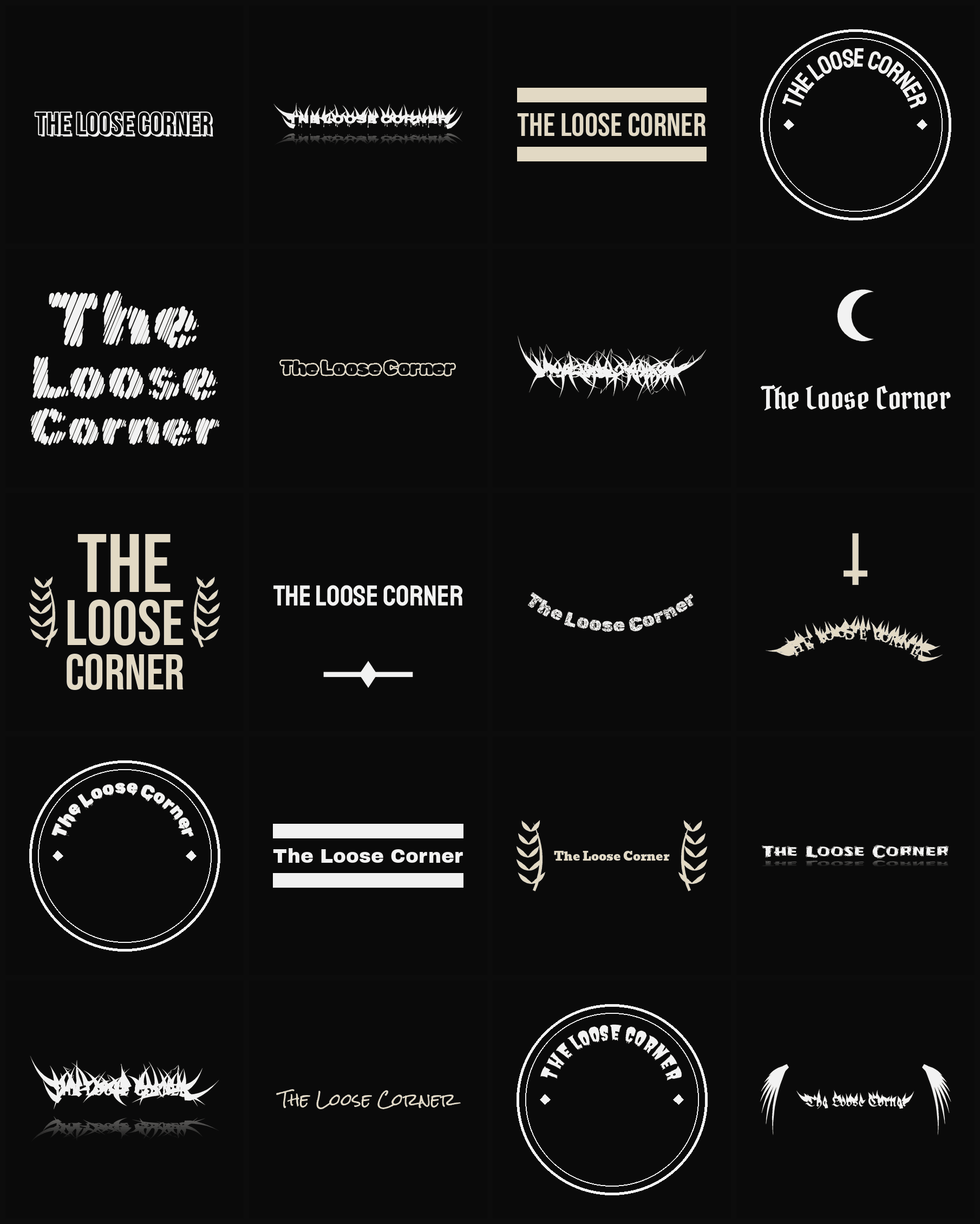 Twenty The Loose Corner band logo ideas — different faces, treatments and spike settings