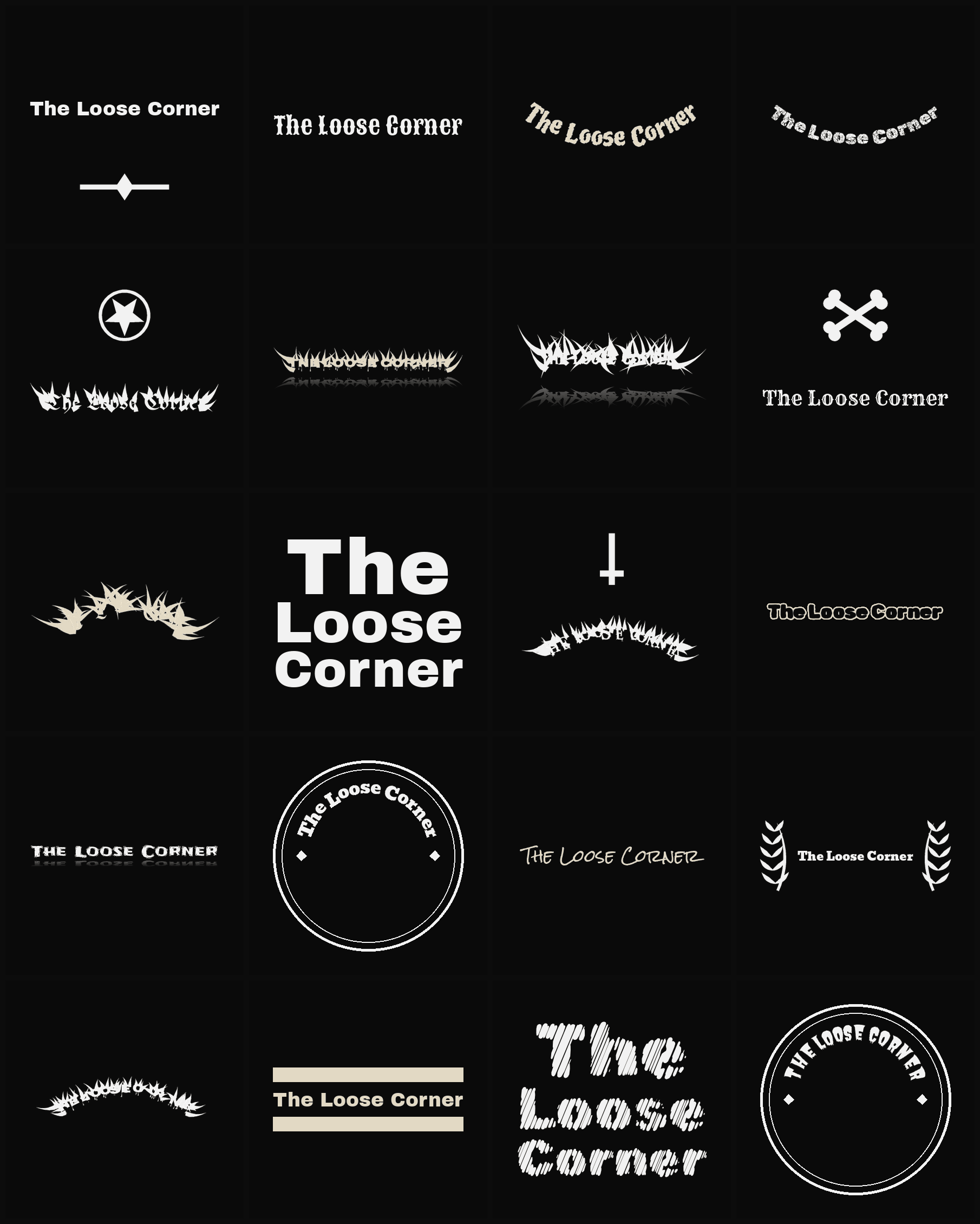 Twenty The Loose Corner band logo ideas — different faces, treatments and spike settings