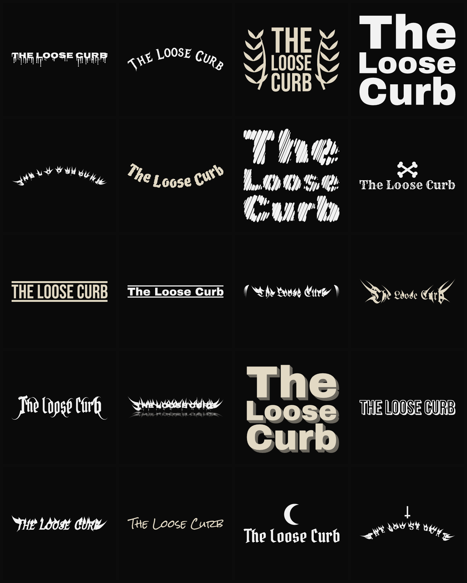 Twenty The Loose Curb band logo ideas — different faces, treatments and spike settings