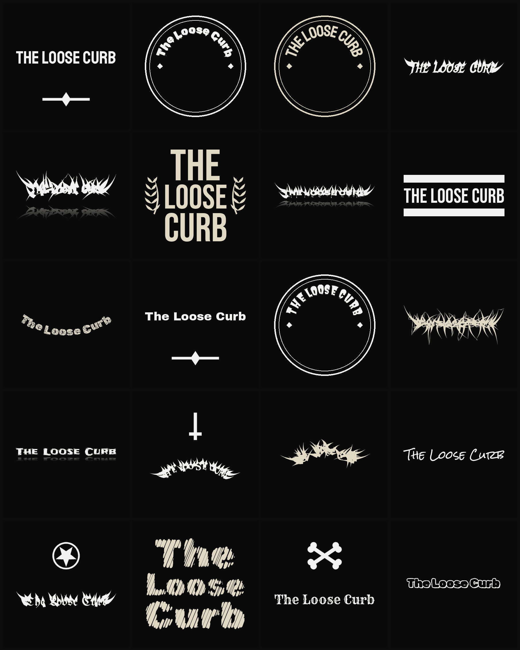 Twenty The Loose Curb band logo ideas — different faces, treatments and spike settings