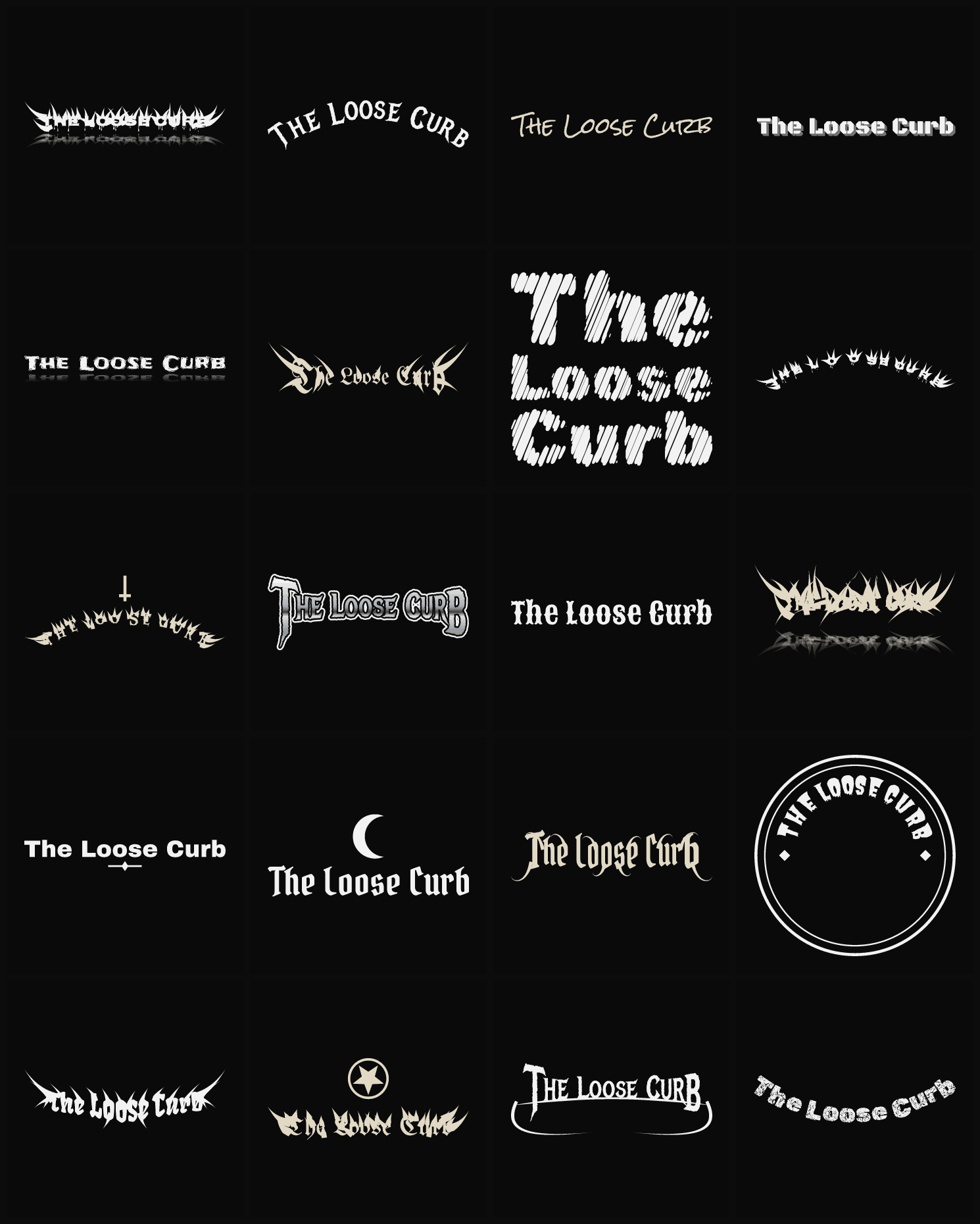 Twenty The Loose Curb band logo ideas — different faces, treatments and spike settings