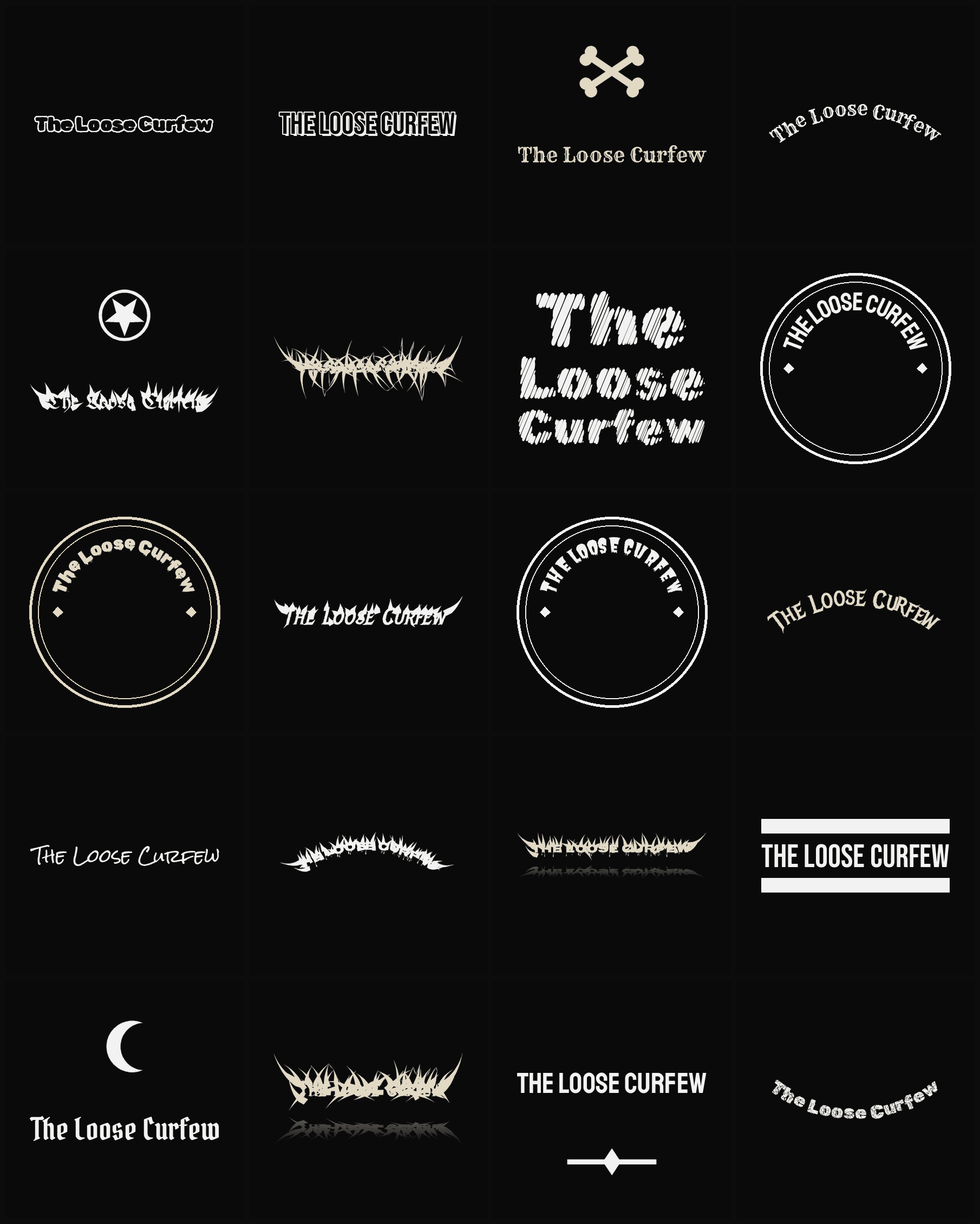 Twenty The Loose Curfew band logo ideas — different faces, treatments and spike settings