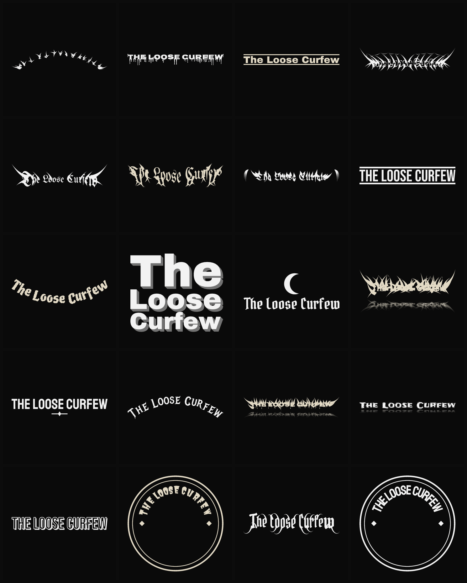 Twenty The Loose Curfew band logo ideas — different faces, treatments and spike settings