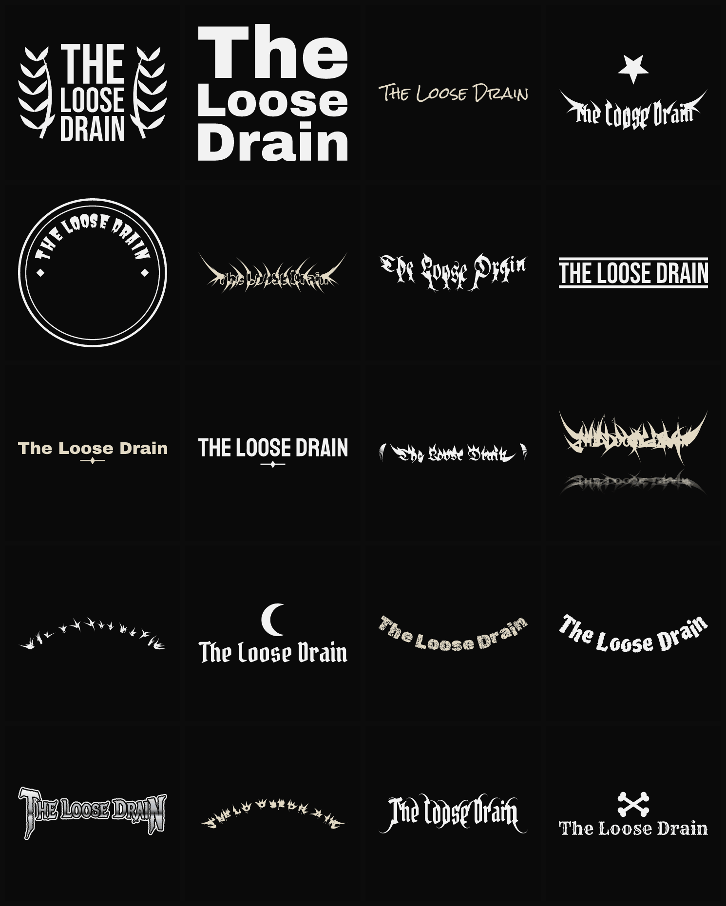 Twenty The Loose Drain band logo ideas — different faces, treatments and spike settings