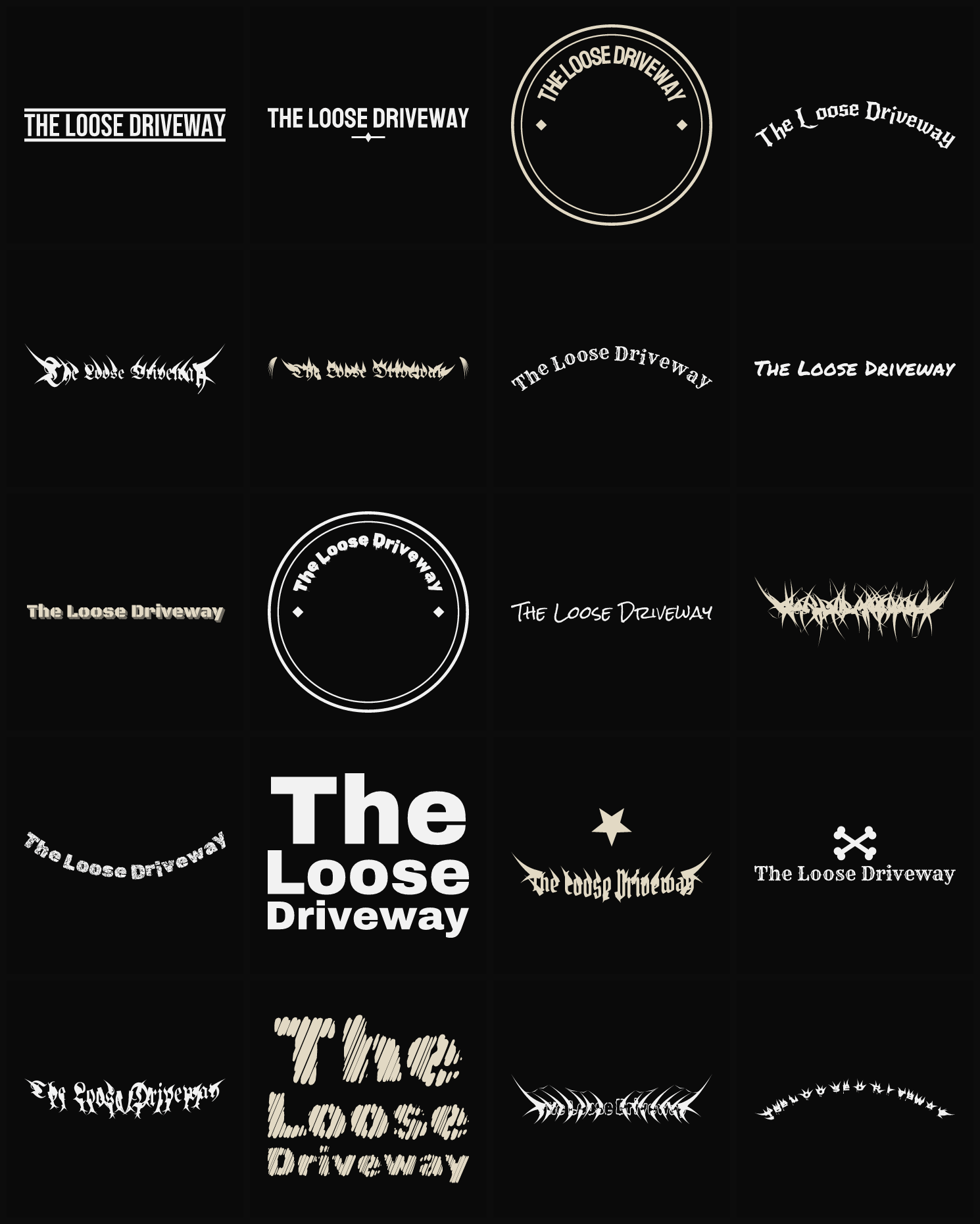 Twenty The Loose Driveway band logo ideas — different faces, treatments and spike settings