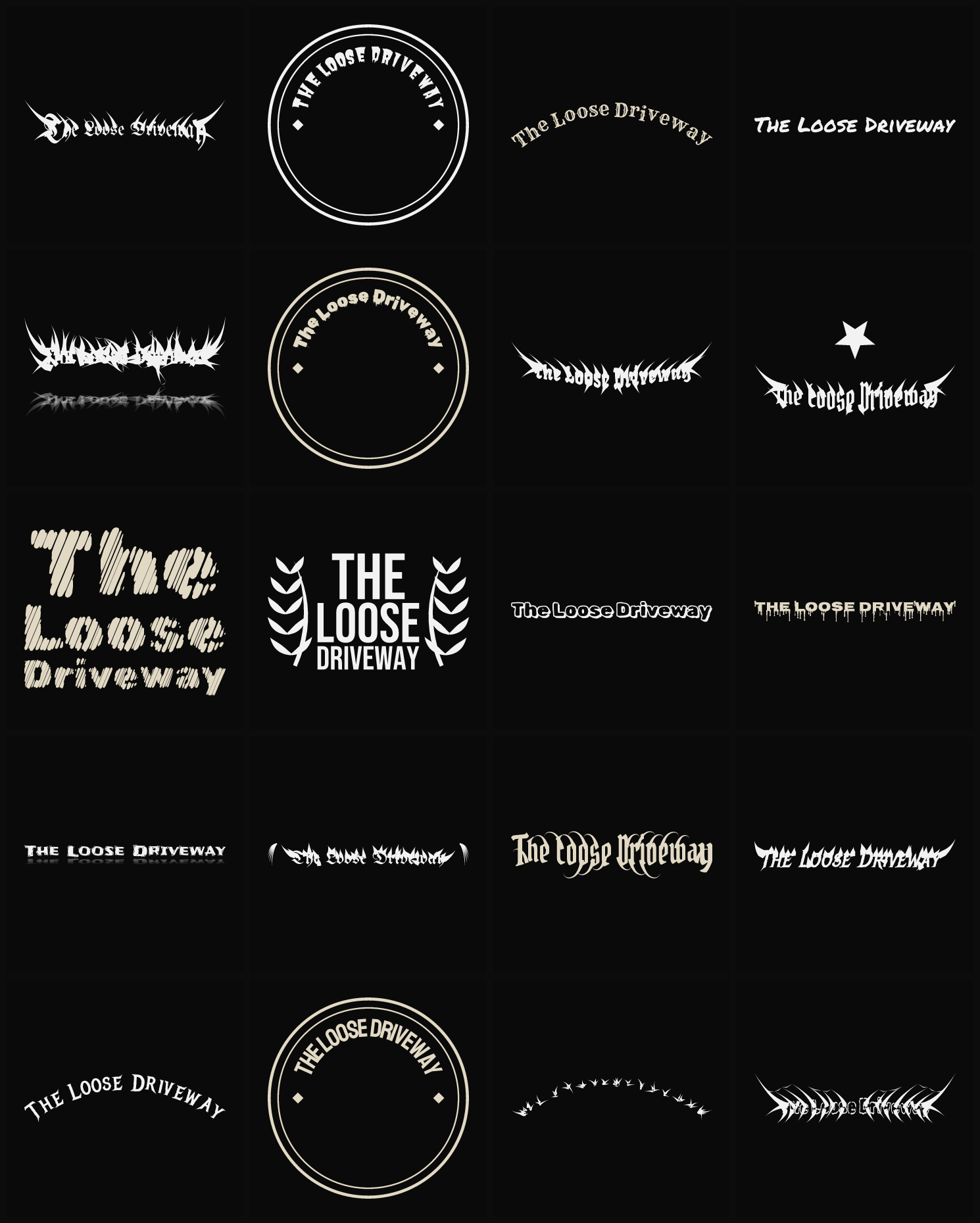 Twenty The Loose Driveway band logo ideas — different faces, treatments and spike settings