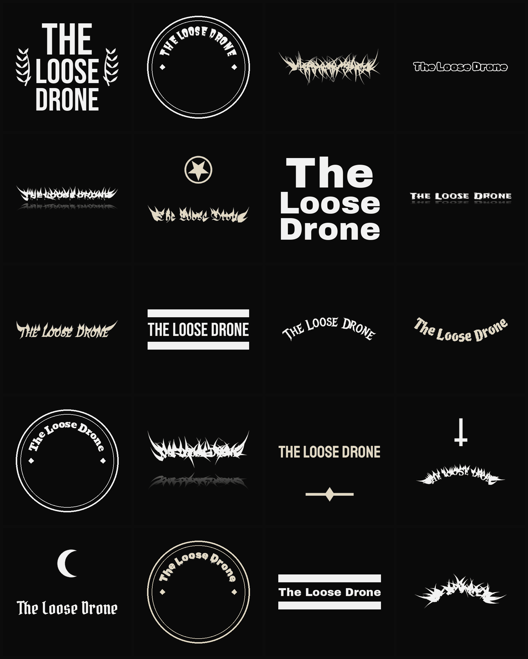 Twenty The Loose Drone band logo ideas — different faces, treatments and spike settings