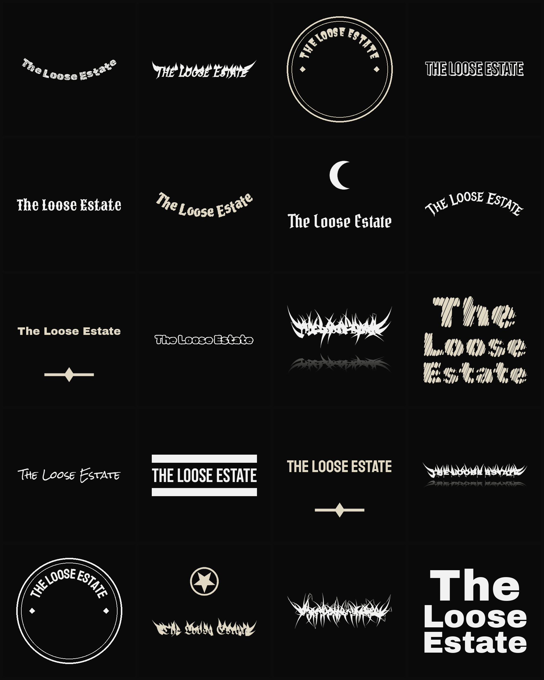 Twenty The Loose Estate band logo ideas — different faces, treatments and spike settings