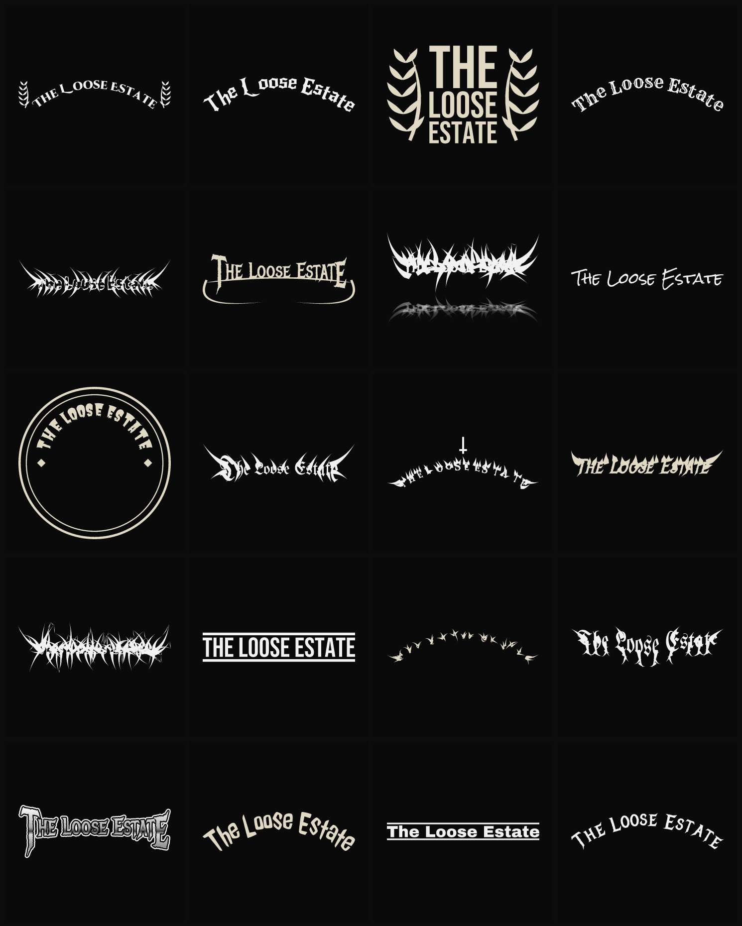 Twenty The Loose Estate band logo ideas — different faces, treatments and spike settings