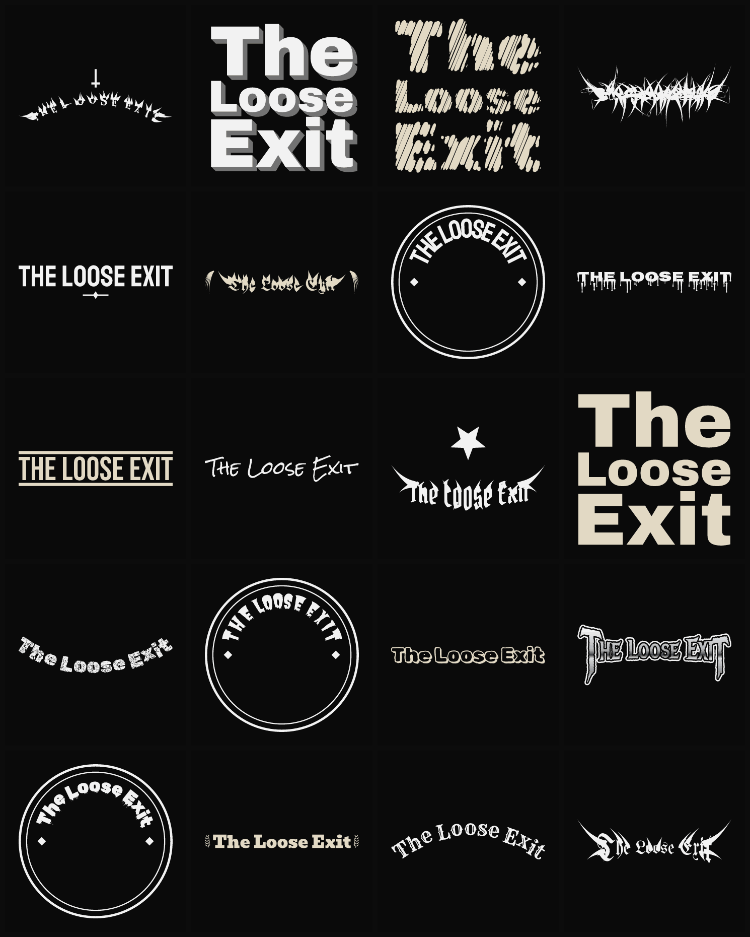 Twenty The Loose Exit band logo ideas — different faces, treatments and spike settings