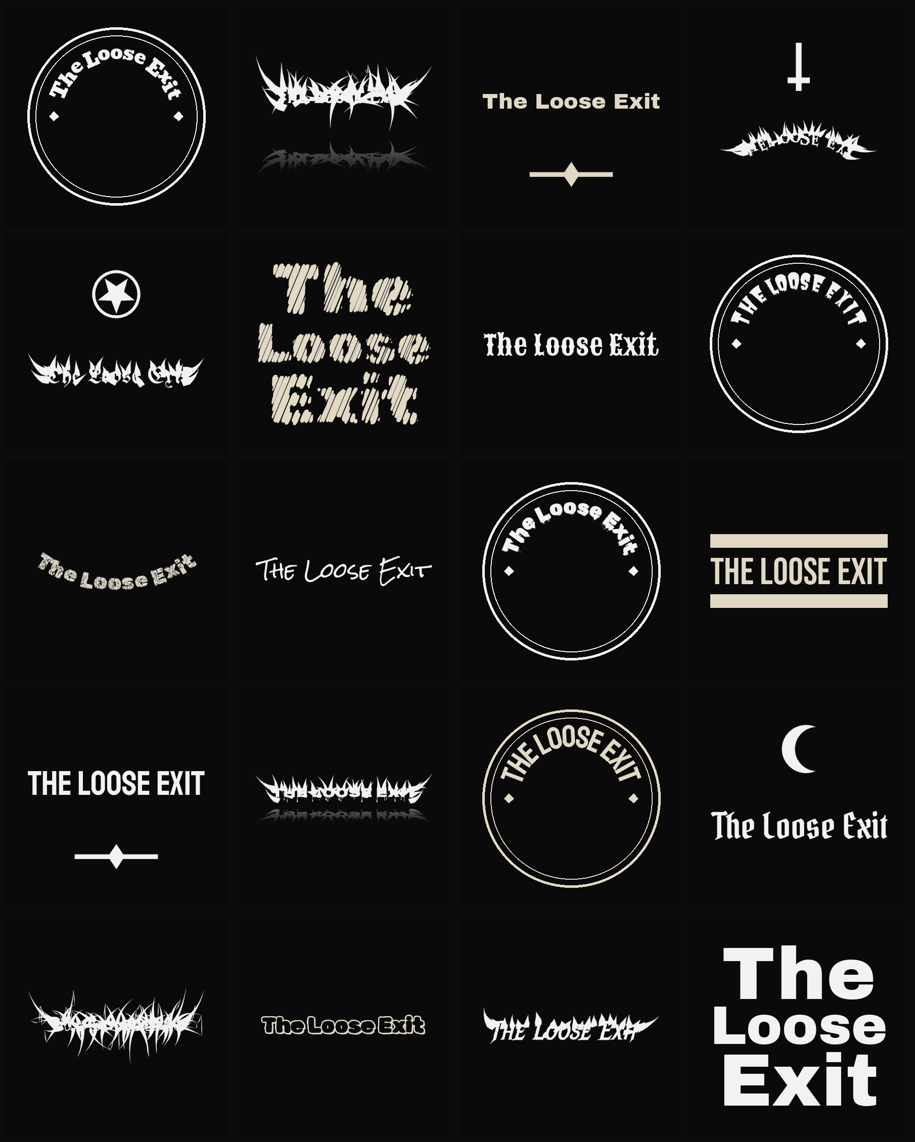 Twenty The Loose Exit band logo ideas — different faces, treatments and spike settings