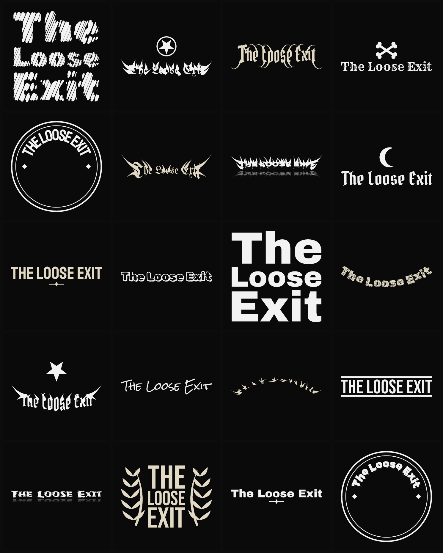 Twenty The Loose Exit band logo ideas — different faces, treatments and spike settings
