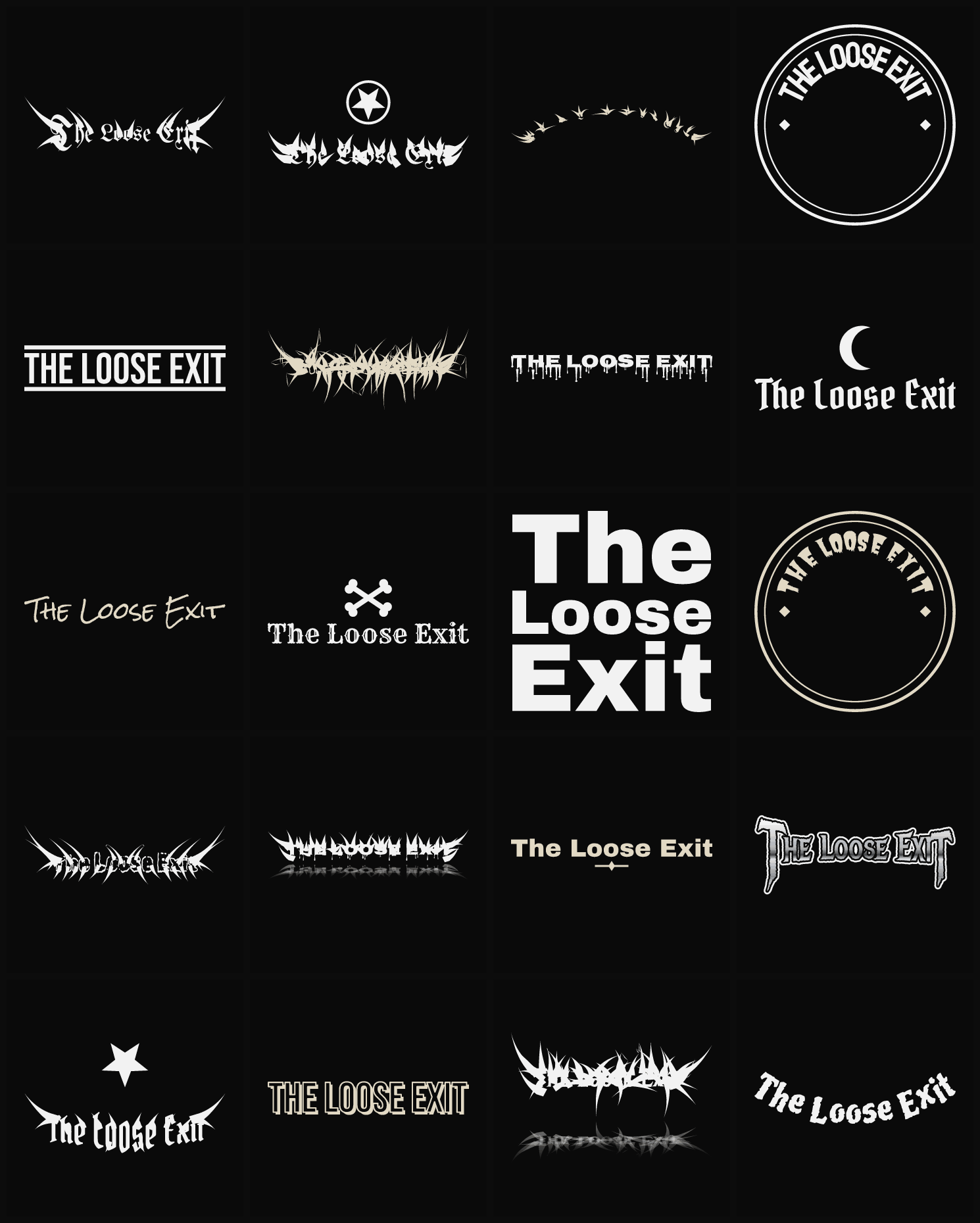 Twenty The Loose Exit band logo ideas — different faces, treatments and spike settings