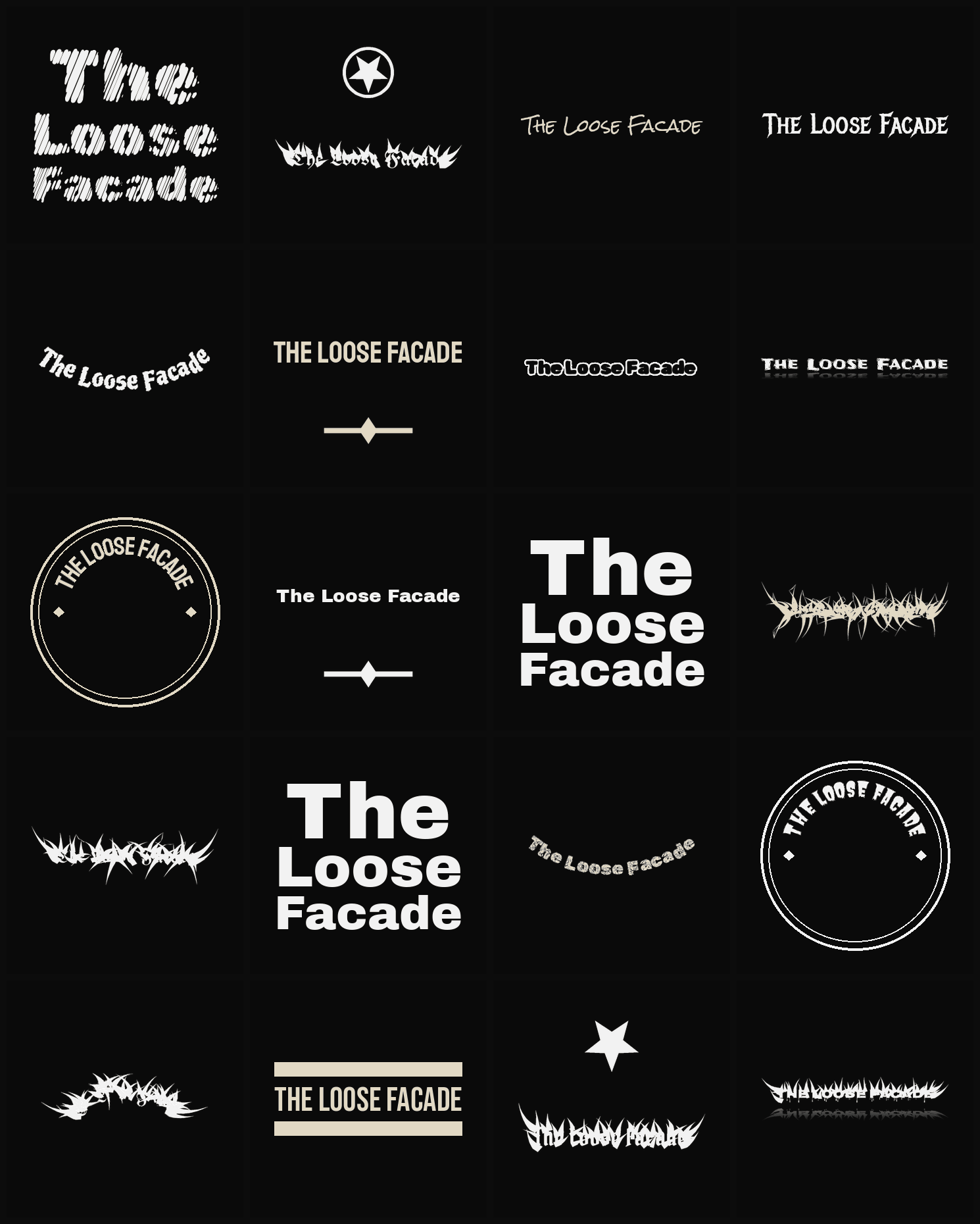 Twenty The Loose Facade band logo ideas — different faces, treatments and spike settings