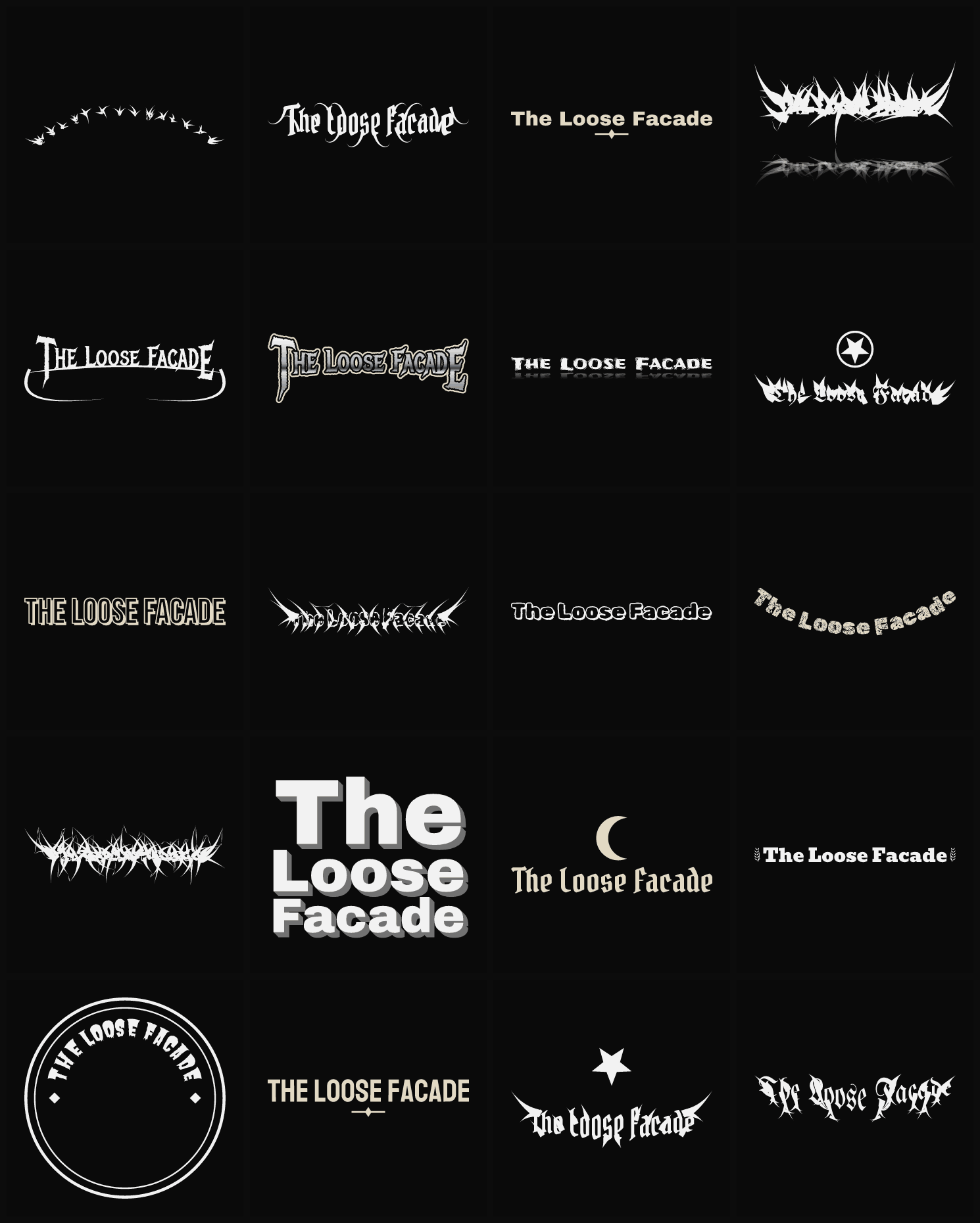 Twenty The Loose Facade band logo ideas — different faces, treatments and spike settings