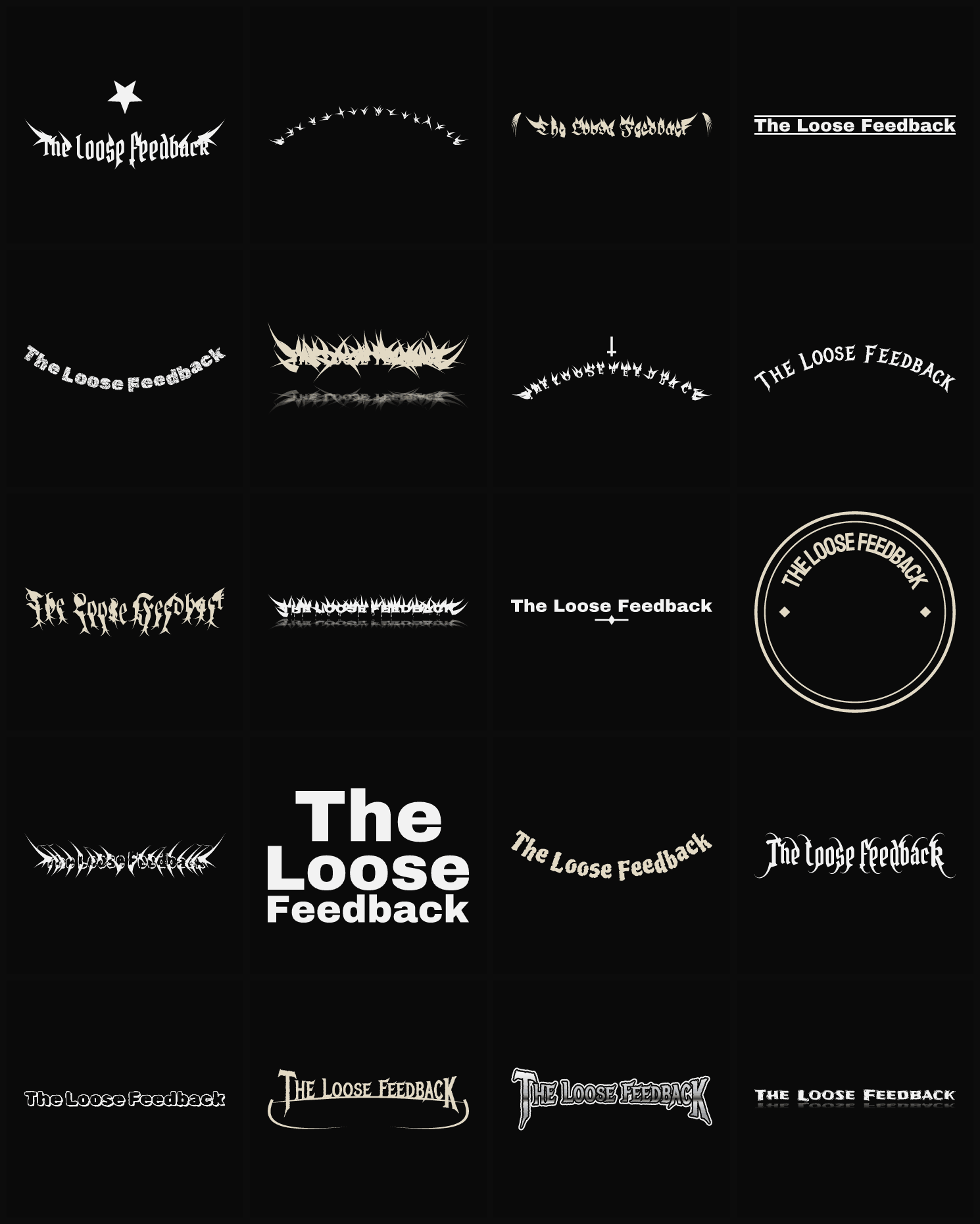 Twenty The Loose Feedback band logo ideas — different faces, treatments and spike settings