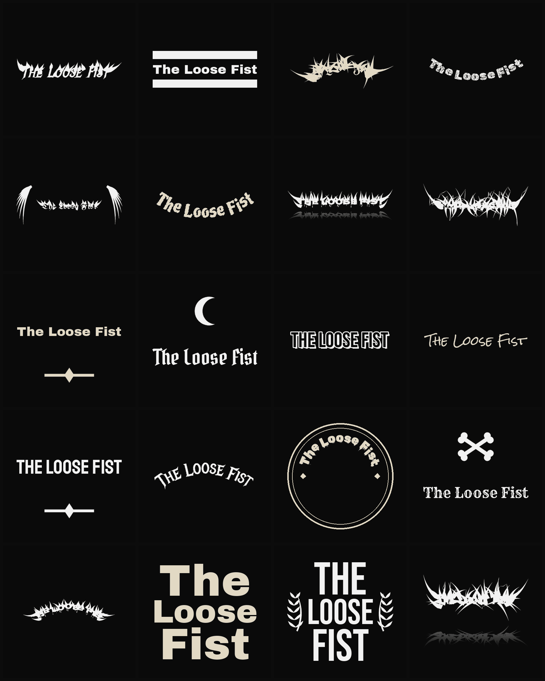 Twenty The Loose Fist band logo ideas — different faces, treatments and spike settings