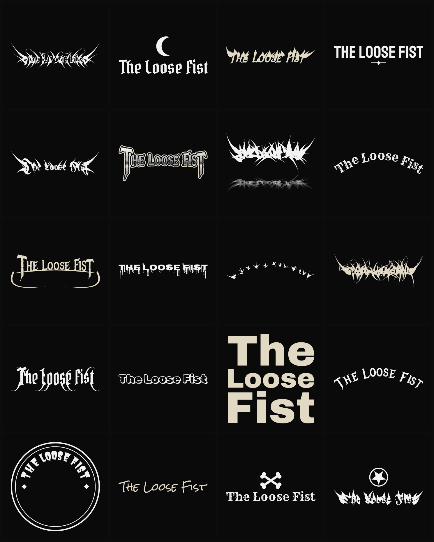 Twenty The Loose Fist band logo ideas — different faces, treatments and spike settings