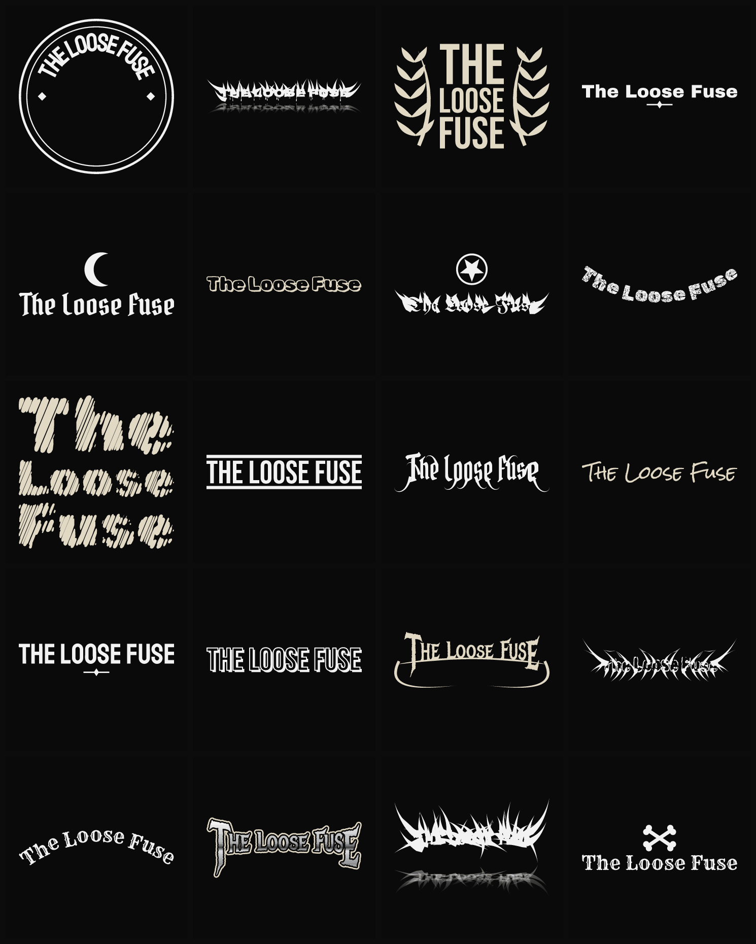 Twenty The Loose Fuse band logo ideas — different faces, treatments and spike settings