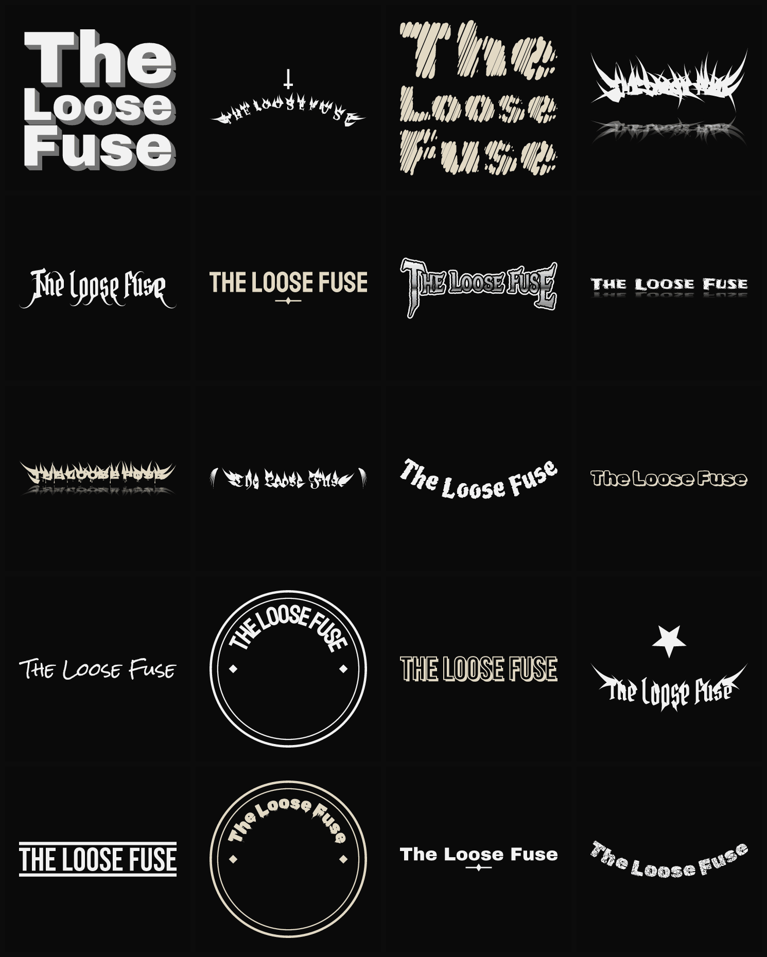 Twenty The Loose Fuse band logo ideas — different faces, treatments and spike settings
