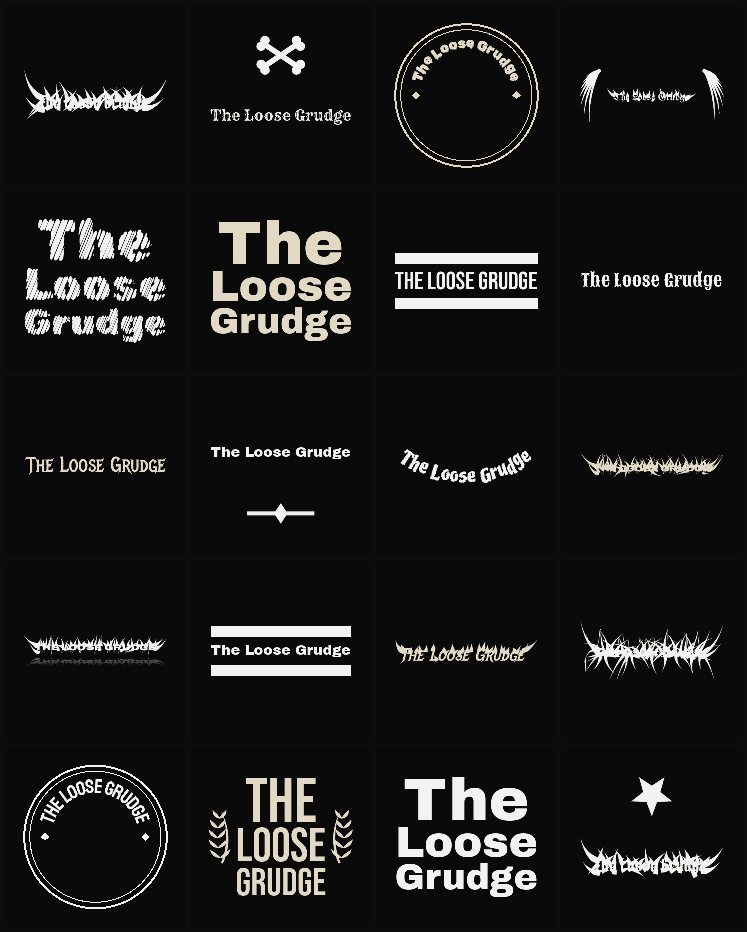 Twenty The Loose Grudge band logo ideas — different faces, treatments and spike settings