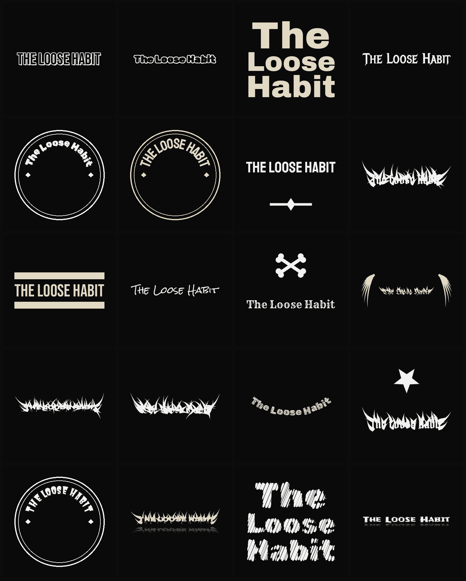 Twenty The Loose Habit band logo ideas — different faces, treatments and spike settings