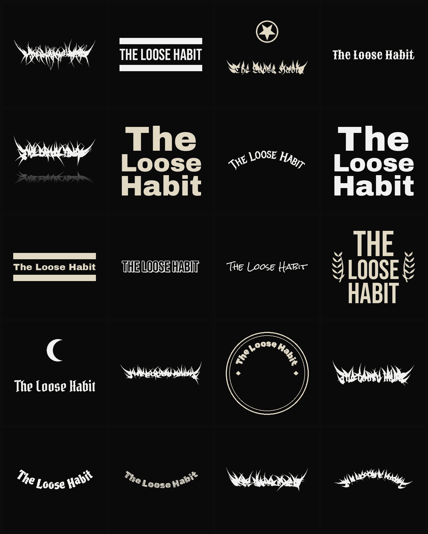 Twenty The Loose Habit band logo ideas — different faces, treatments and spike settings