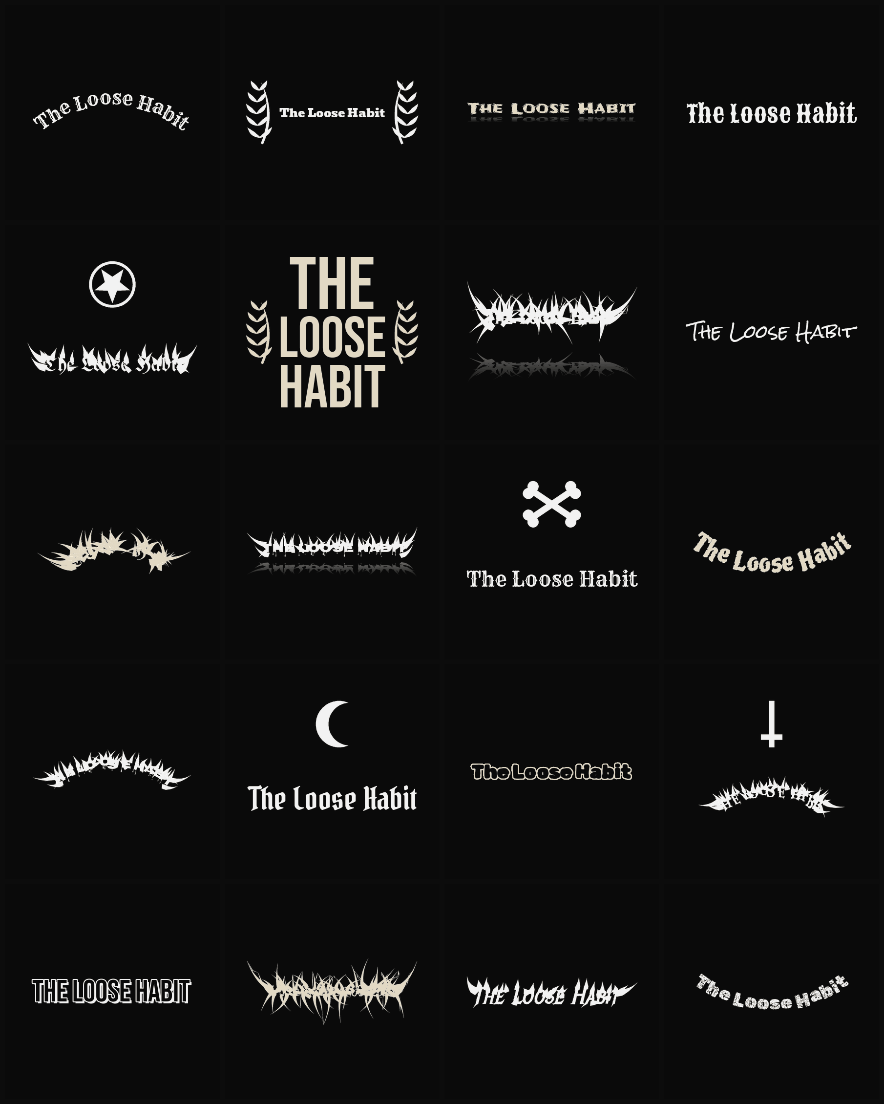 Twenty The Loose Habit band logo ideas — different faces, treatments and spike settings