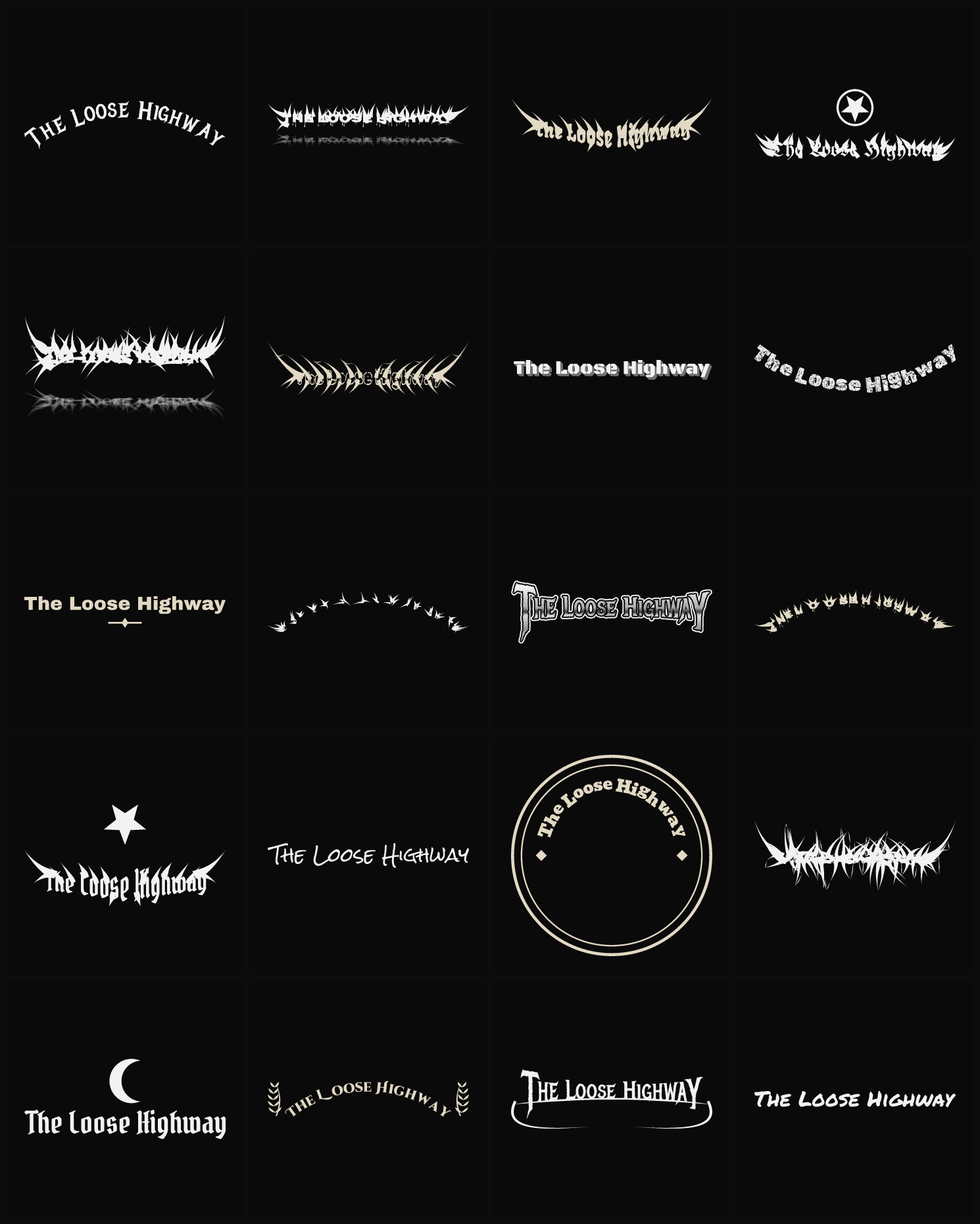 Twenty The Loose Highway band logo ideas — different faces, treatments and spike settings
