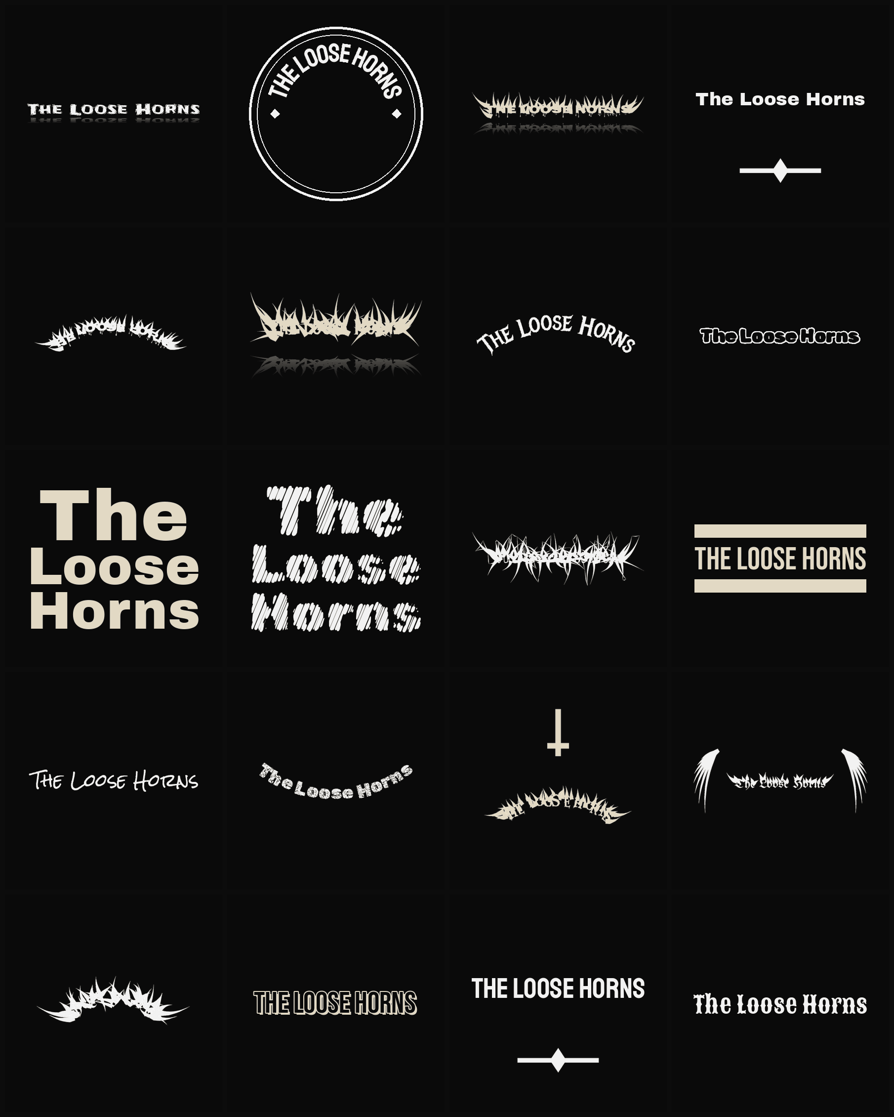 Twenty The Loose Horns band logo ideas — different faces, treatments and spike settings