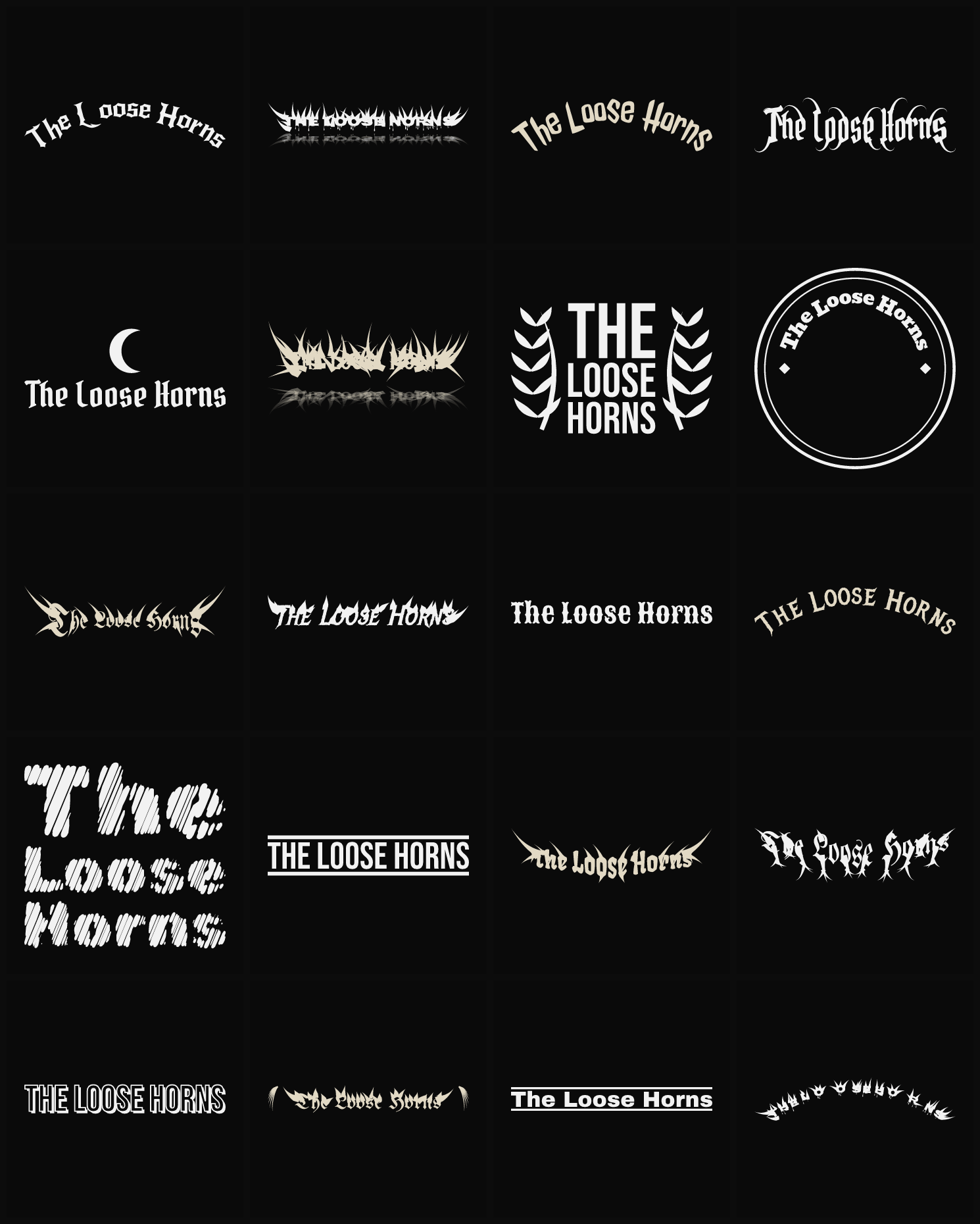 Twenty The Loose Horns band logo ideas — different faces, treatments and spike settings