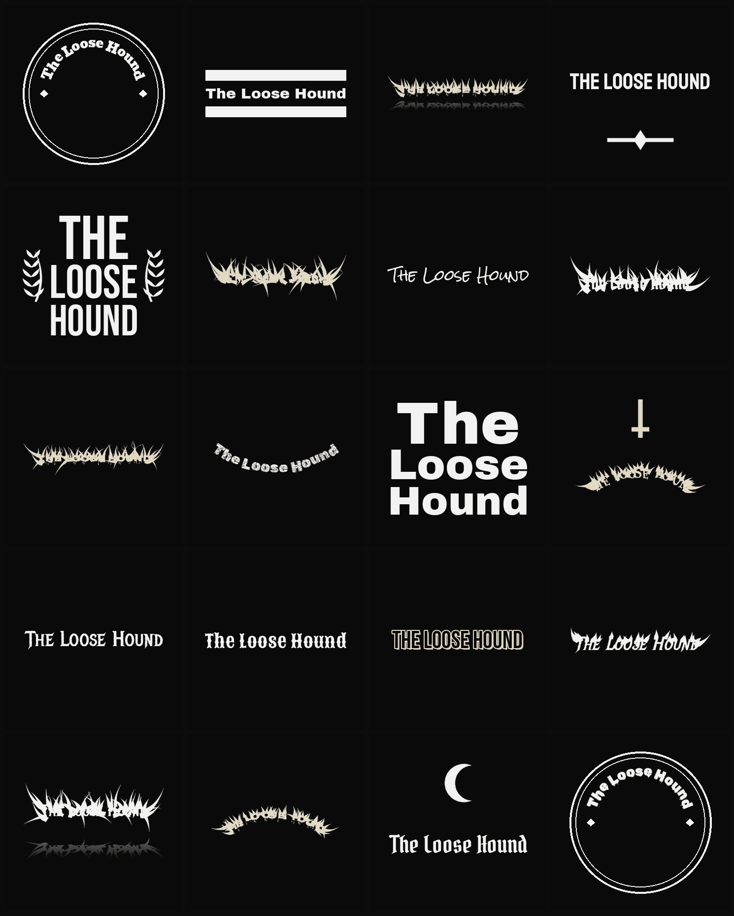 Twenty The Loose Hound band logo ideas — different faces, treatments and spike settings
