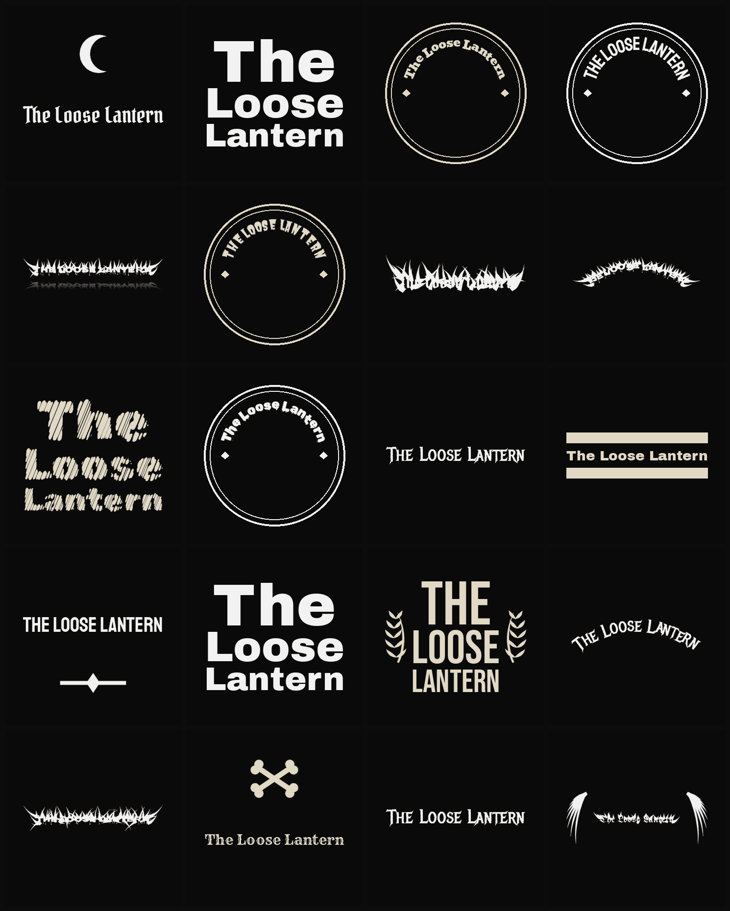 Twenty The Loose Lantern band logo ideas — different faces, treatments and spike settings