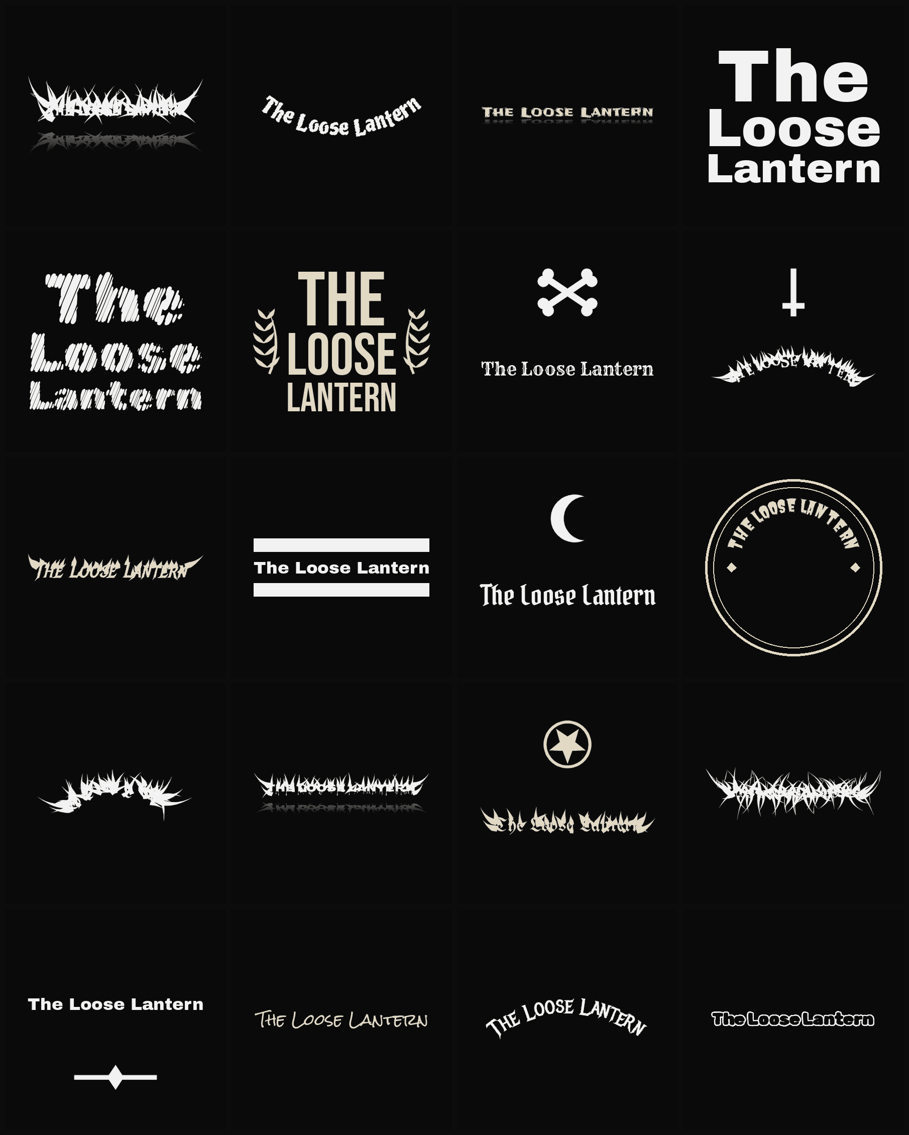 Twenty The Loose Lantern band logo ideas — different faces, treatments and spike settings